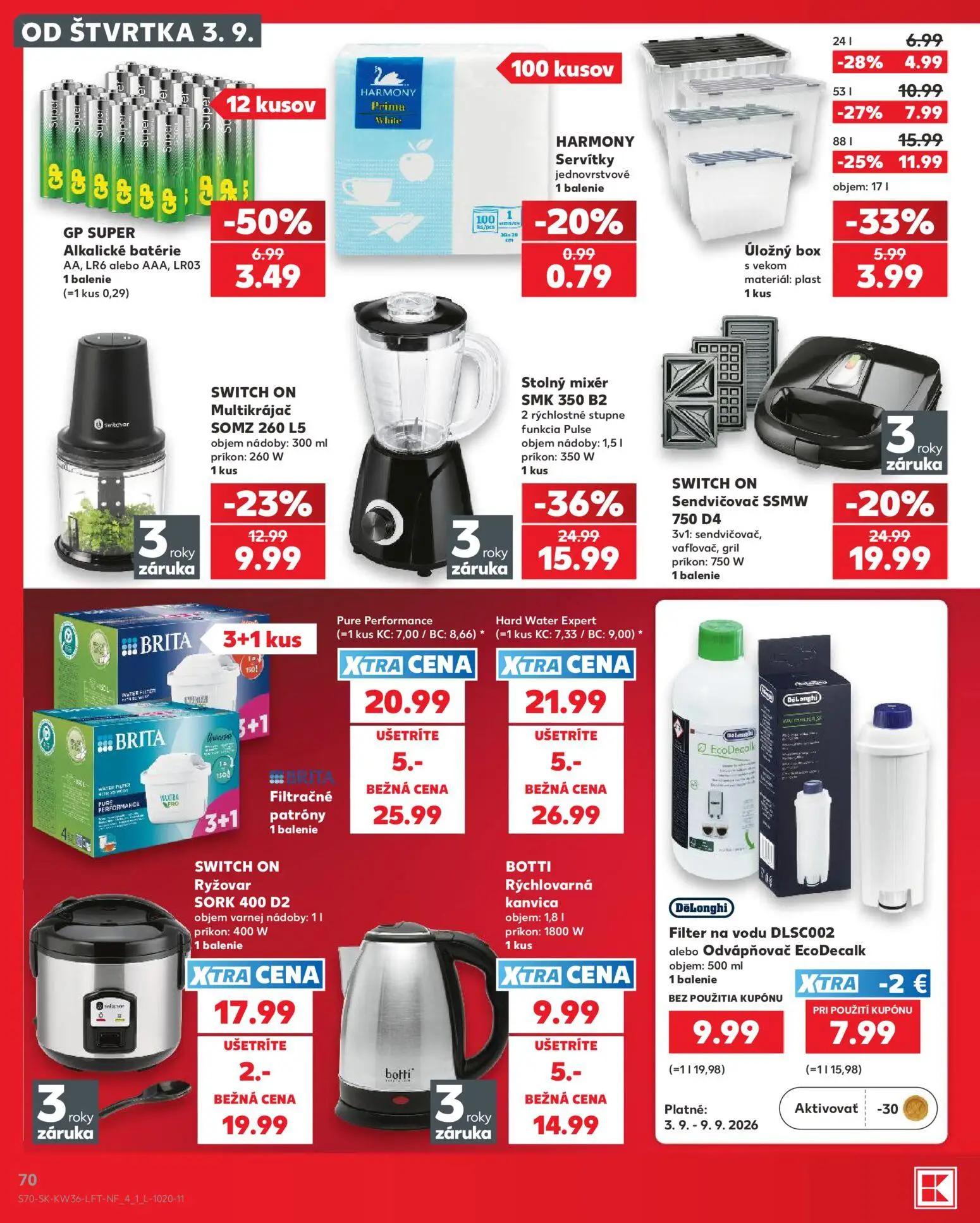 Kaufland leták, strana 70 z 80 — Stolný mixér SMK 350 B2, SWITCH ON Sendvičovač SSMW 750 D4, GP SUPER Alkalické batérie AA, …
