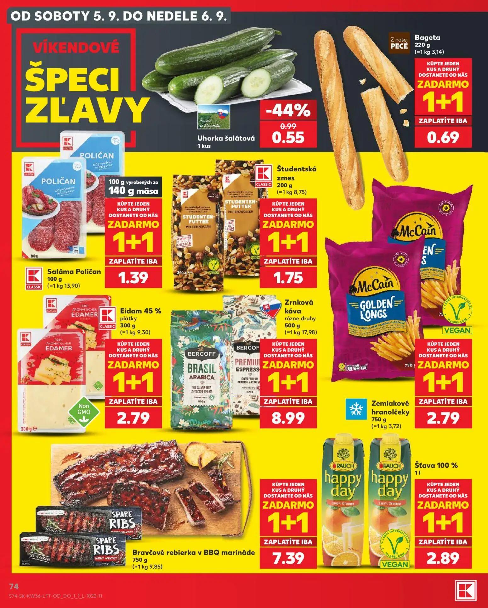 Kaufland leták, strana 74 z 80 — Uhorka šalátová, Saláma Poličan, Eidam 45% plátky