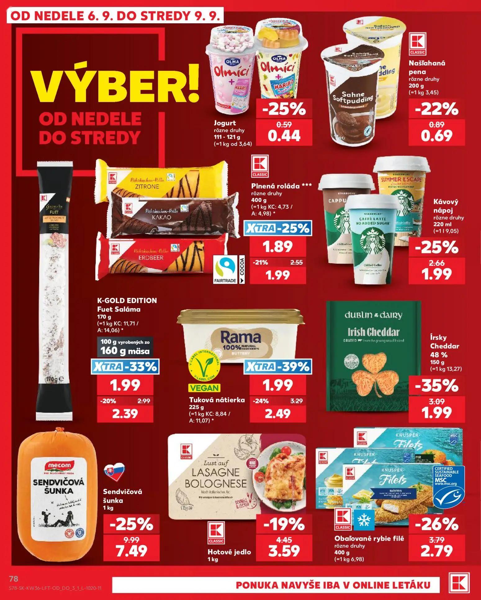 Kaufland leták, strana 78 z 80 — Sendvičová šunka, K-GOLD EDITION Fuet Saláma, Obaľované rybie filé rôzne druhy
