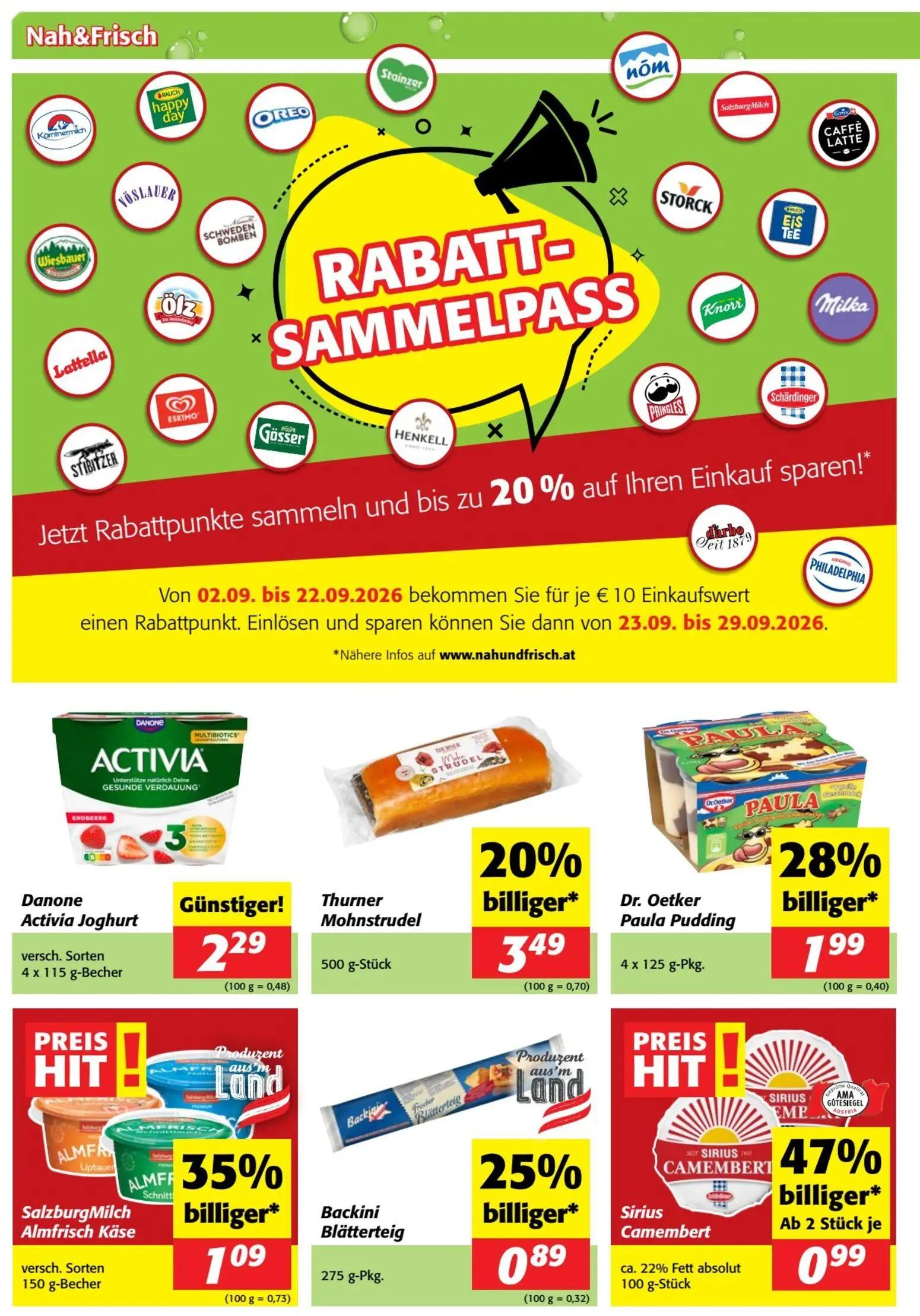 Nah & Frisch Prospekt, Seite 2 von 8 — Sirius Camembert, Thurner Mohnstrudel, Dr. Oetker Paula Pudding
