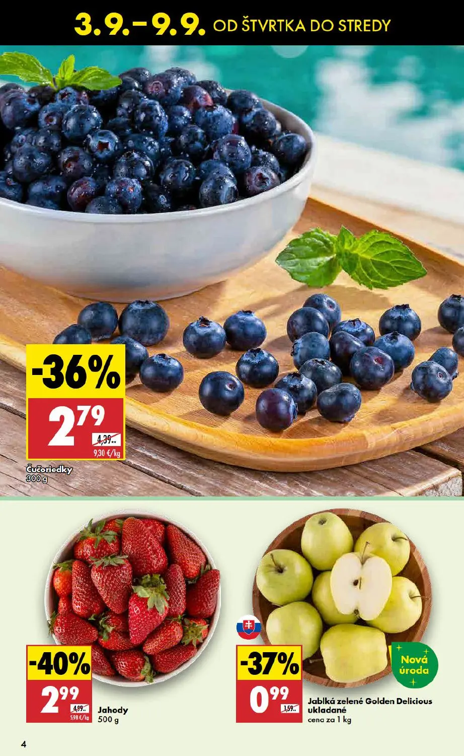Biedronka leták, strana 4 z 48 — Jahody, Čučoriedky, Jablká zelené Golden Delicious ukladané