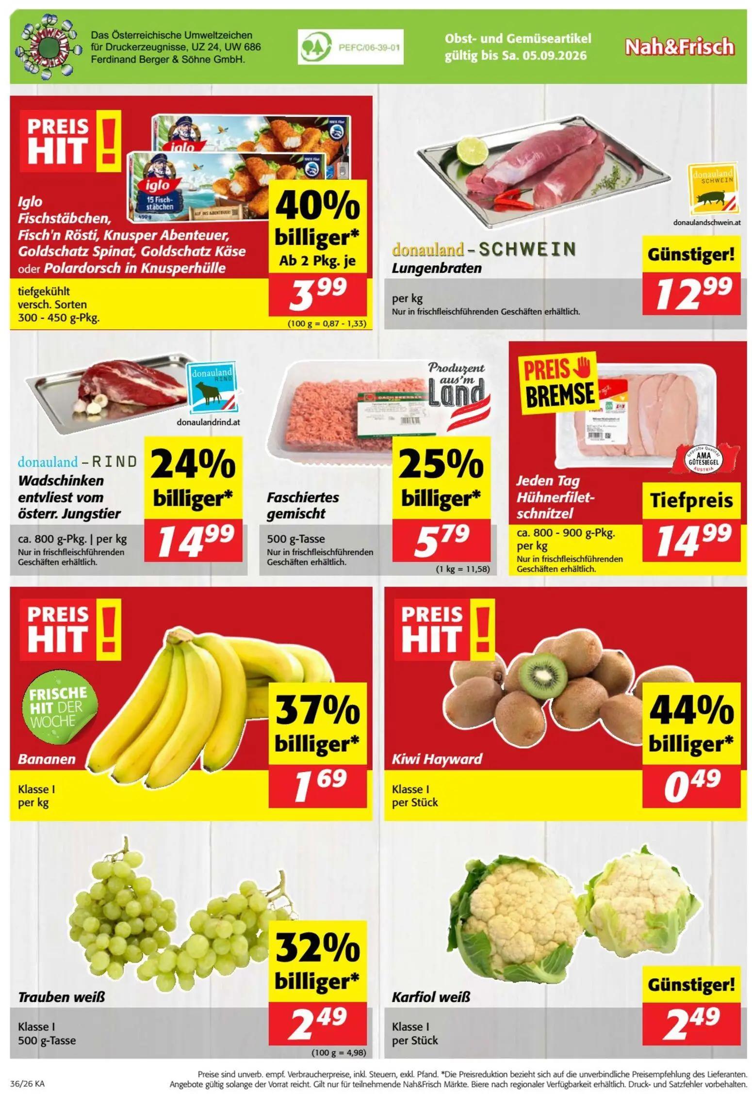Nah & Frisch Prospekt, Seite 8 von 8 — donauland - RIND Wadschinken entvliest vom österr. Jungstier, Iglo Fischstäbchen, Fis…
