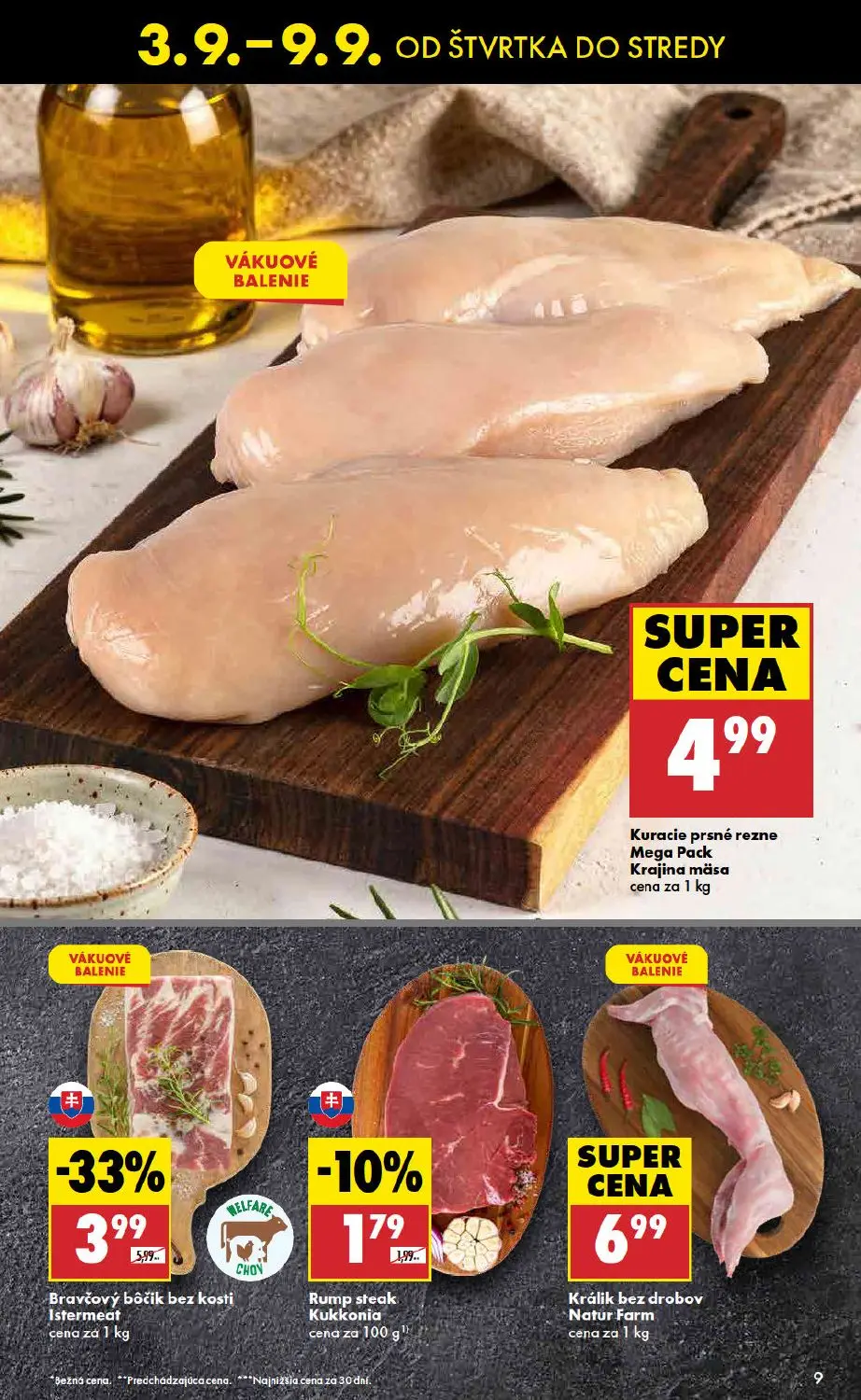 Biedronka leták, strana 9 z 48 — Bravčový bôčik bez kosti Istermeat, Rump steak Kukkonia, Kuracie prsné rezne Mega Pack Kraj…