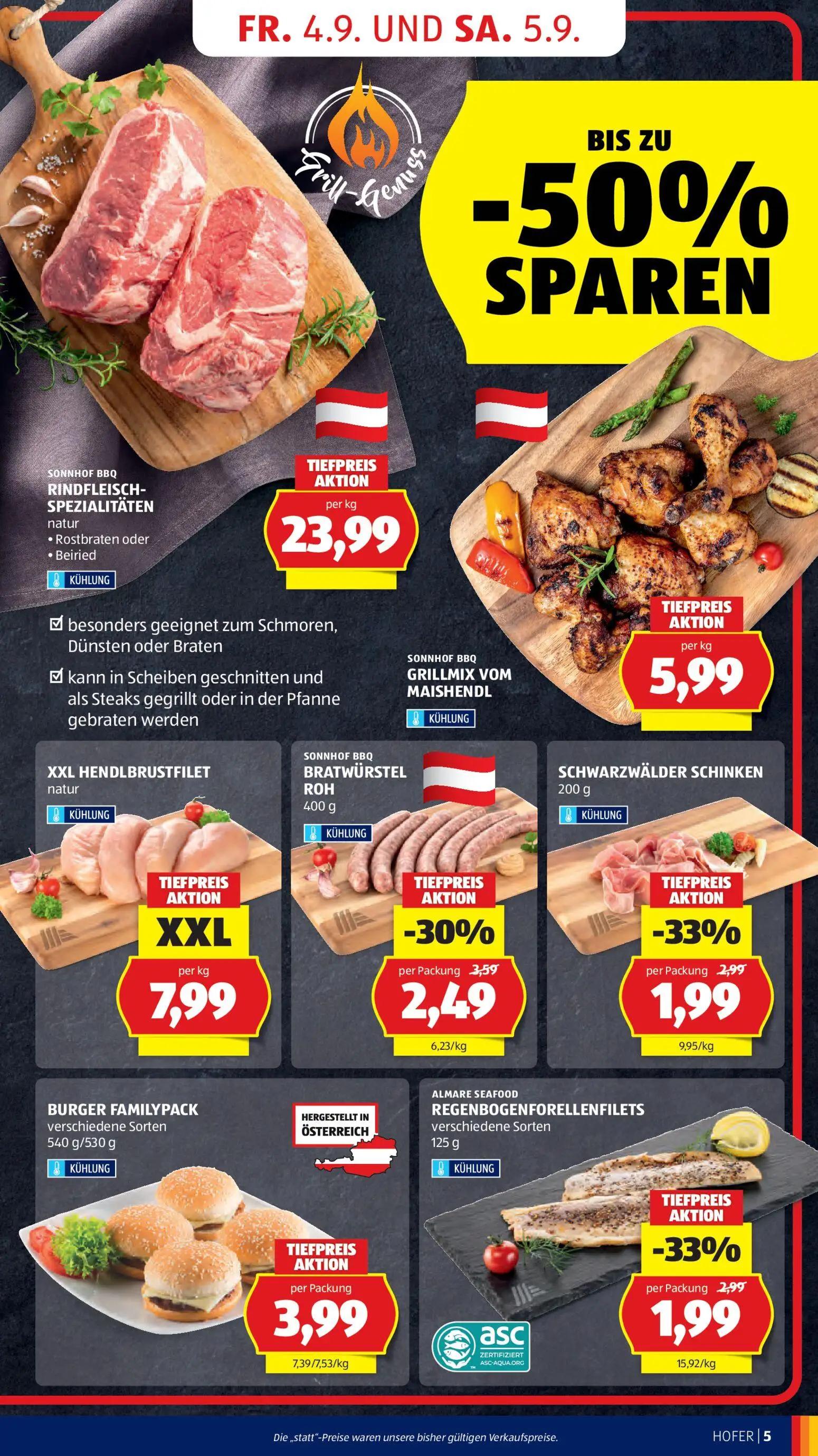 Hofer Prospekt, Seite 11 von 44 — SONNHOF BBQ BRATWÜRSTEL ROH, SONNHOF BBQ RINDFLEISCH- SPEZIALITÄTEN natur • Rostbraten ode…