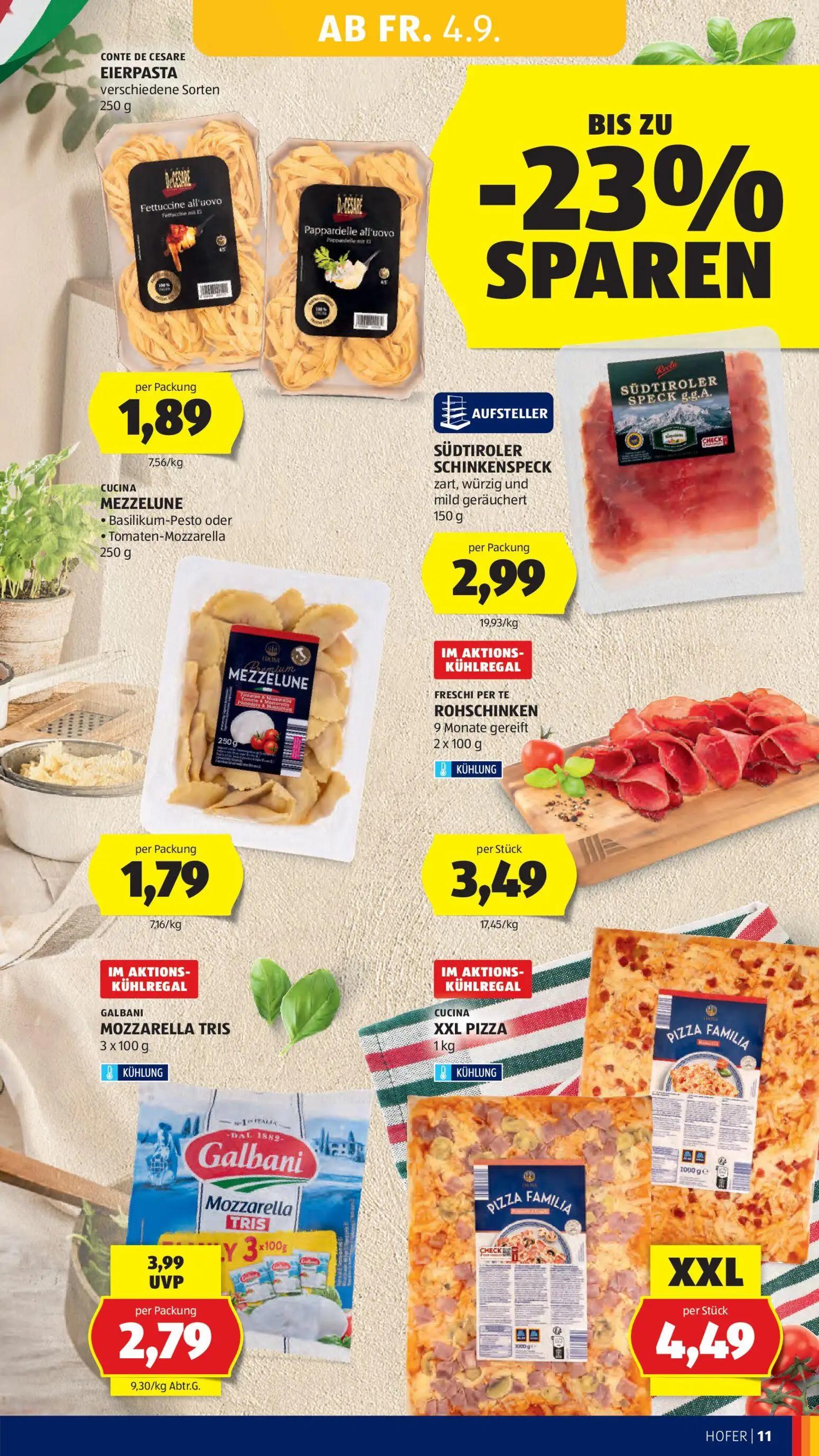 Hofer Prospekt, Seite 17 von 44 — CONTE DE CESARE EIERPASTA verschiedene Sorten, CUCINA MEZZELUNE Basilikum-Pesto oder Tomat…