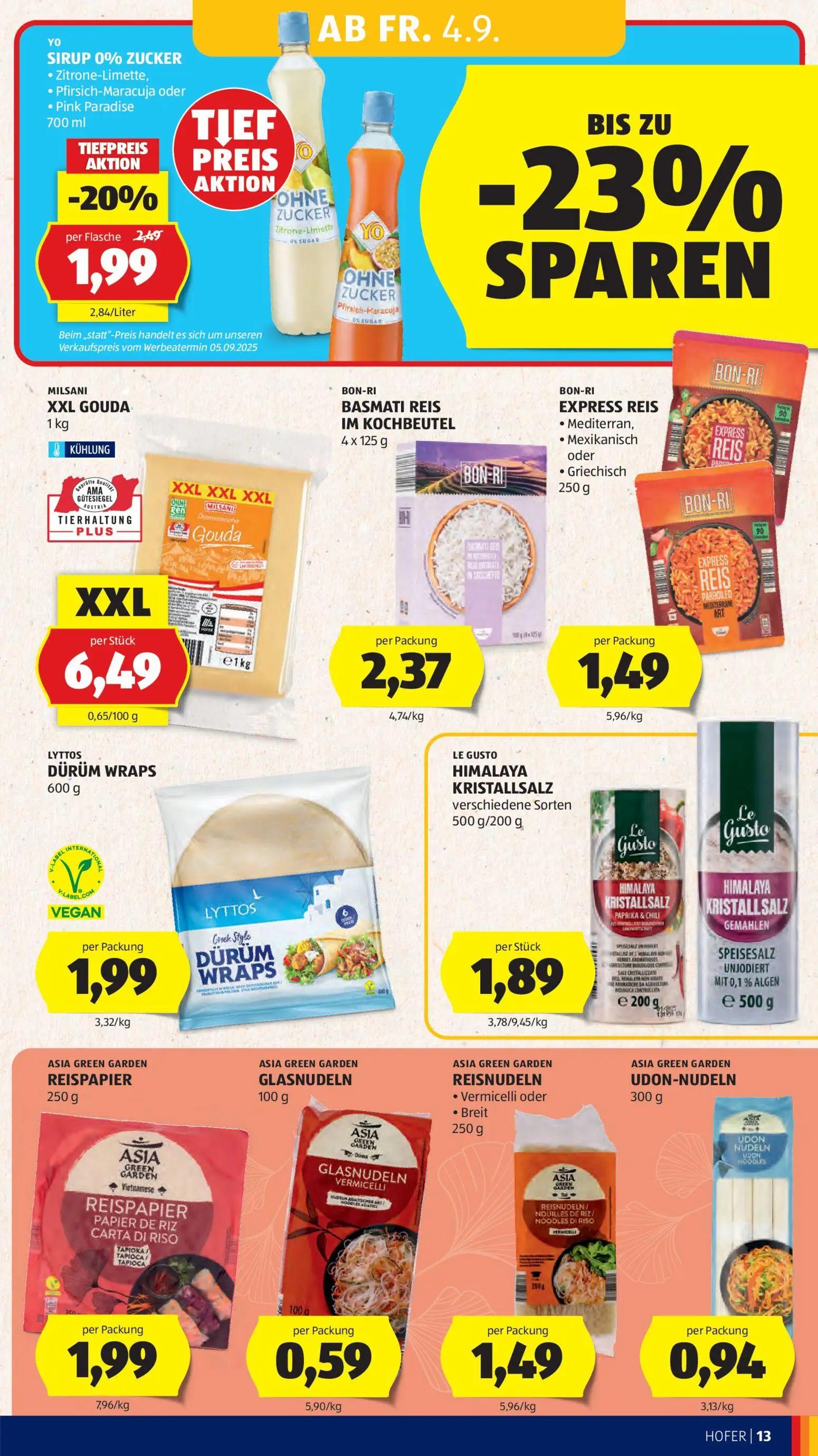Hofer Prospekt, Seite 19 von 44 — BON-RI BASMATI REIS IM KOCHBEUTEL, LYTTOS DÜRÜM WRAPS, ASIA GREEN GARDEN REISPAPIER