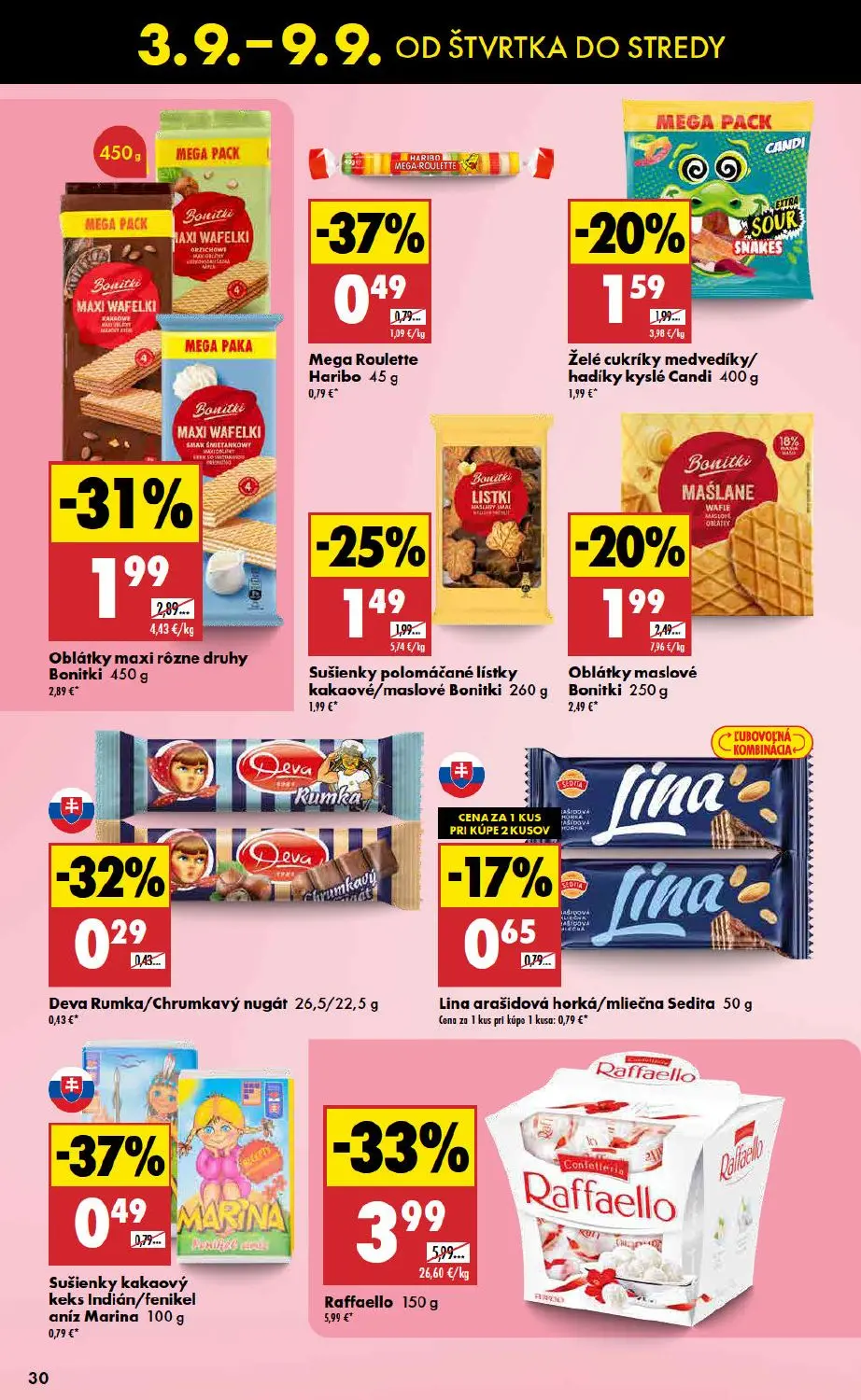 Biedronka leták, strana 30 z 48 — Oblátky maxi rôzne druhy Bonitki, Sušienky polomáčané lístky kakaové/maslové Bonitki, Oblá…