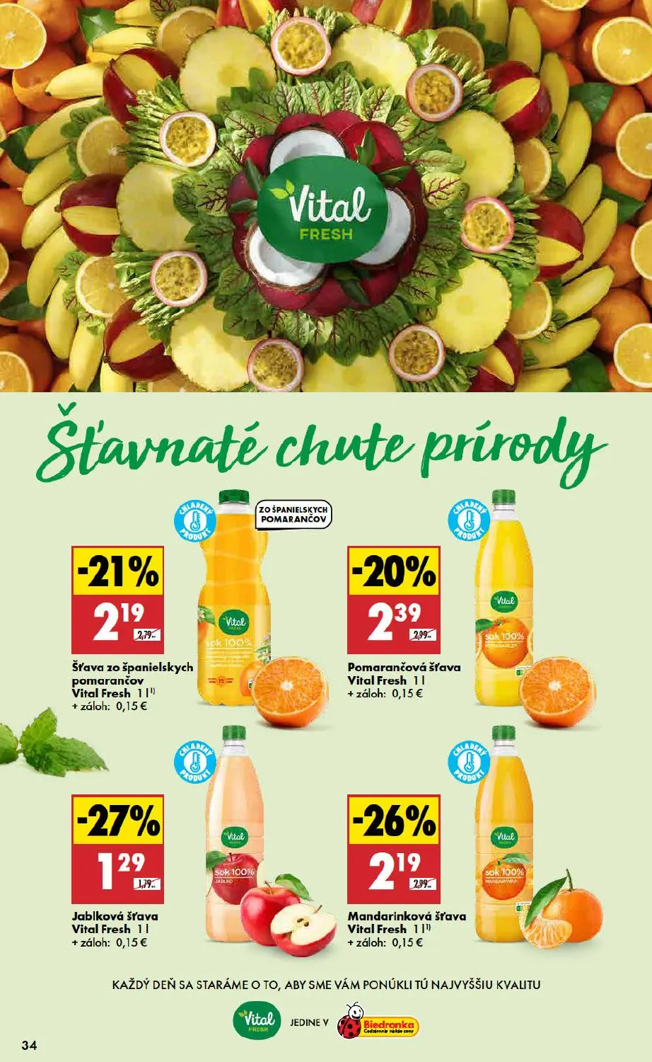 Biedronka leták, strana 34 z 48 — Mandarínková šťava Vital Fresh, Šťava zo španielskych pomarančov Vital Fresh, Pomarančová …