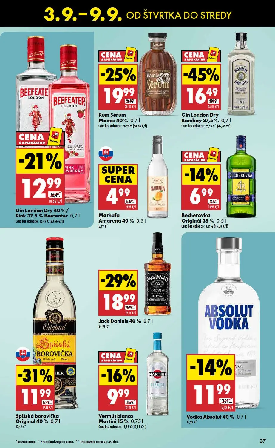 Biedronka leták, strana 37 z 48 — Gin London Dry Bombay, Jack Daniels, Rum Sérum Mamio