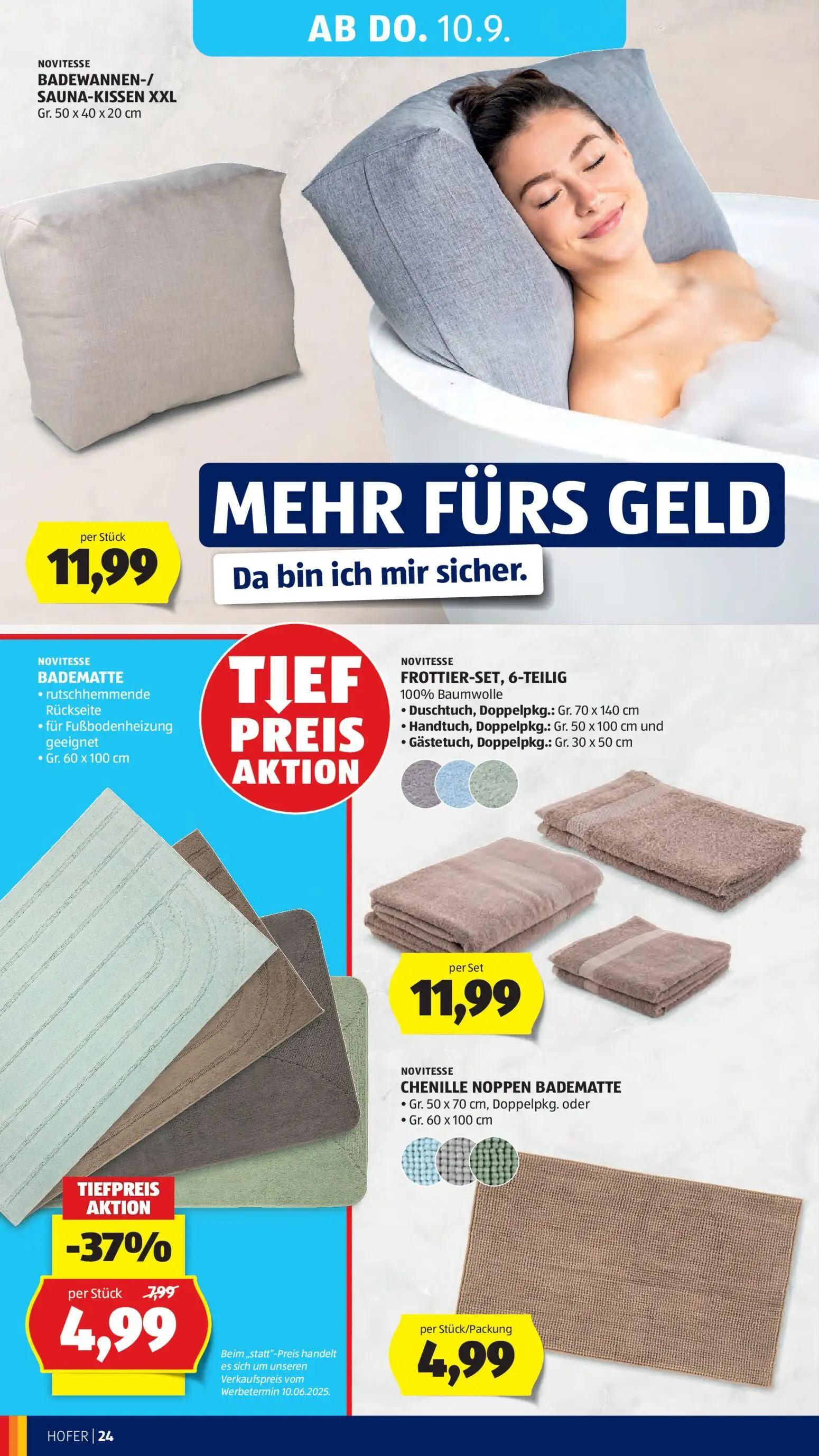 Hofer Prospekt, Seite 32 von 44 — BADEMATTE, BADEWANNEN-/ SAUNA-KISSEN XXL, FROTTIER-SET, 6-TEILIG