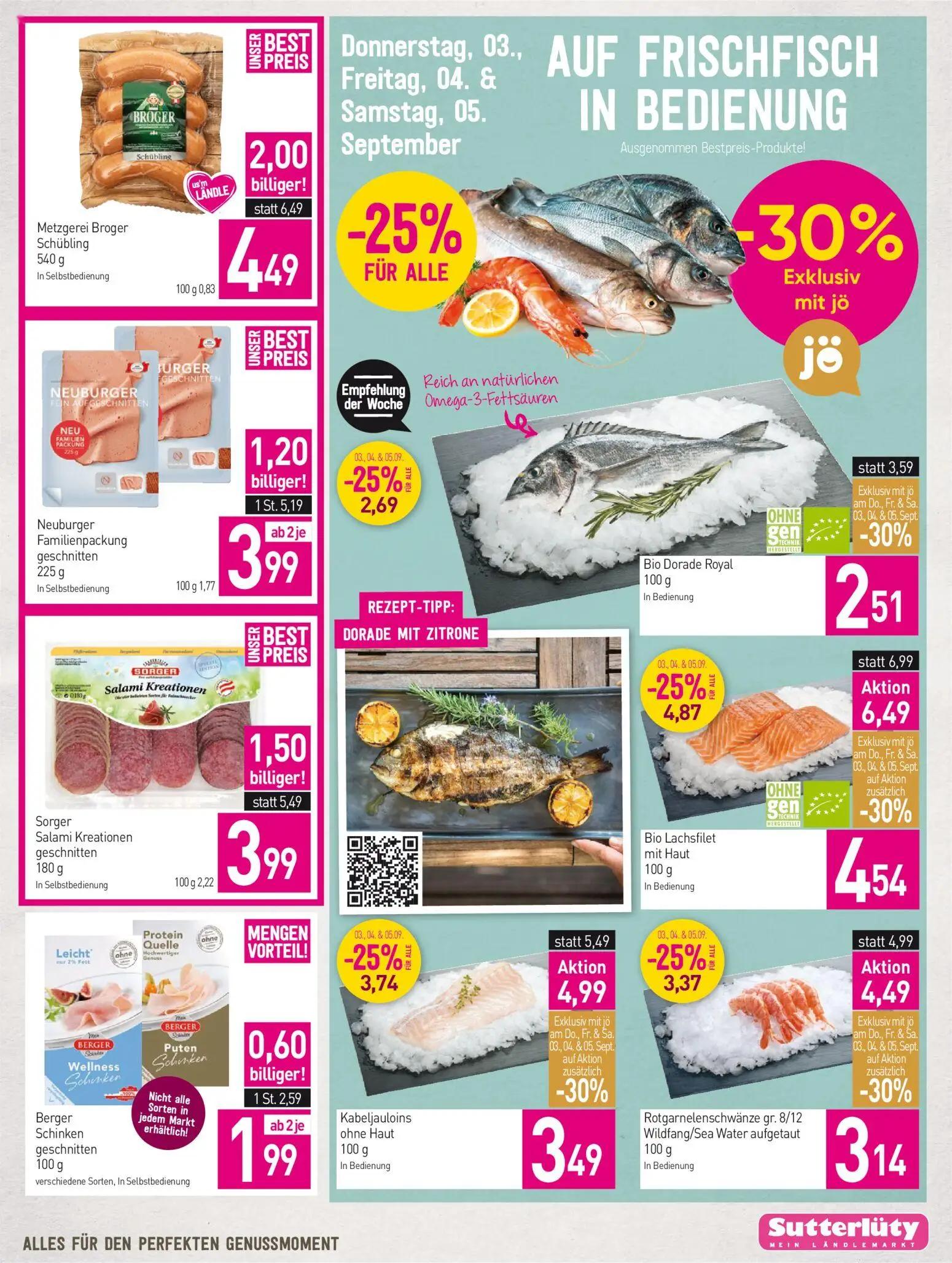 Sutterlüty Prospekt, Seite 7 von 16 — Bio Lachsfilet mit Haut, Metzgerei Broger Schübling, Kabeljauloins ohne Haut