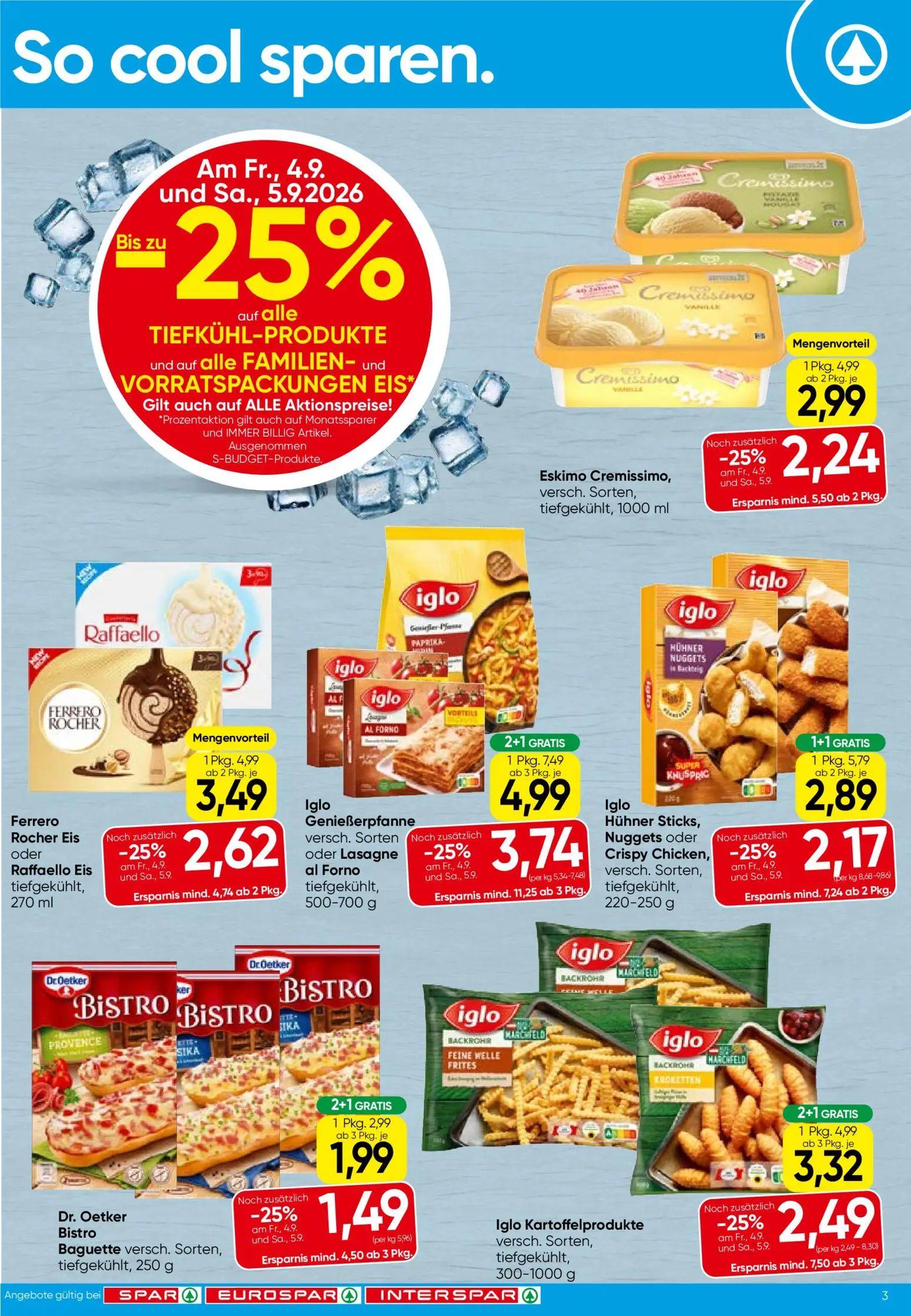 Spar Prospekt, Seite 3 von 16 — Iglo Genießerpfanne versch. Sorten oder Lasagne al Forno, Iglo Hühner Sticks, Nuggets oder C…