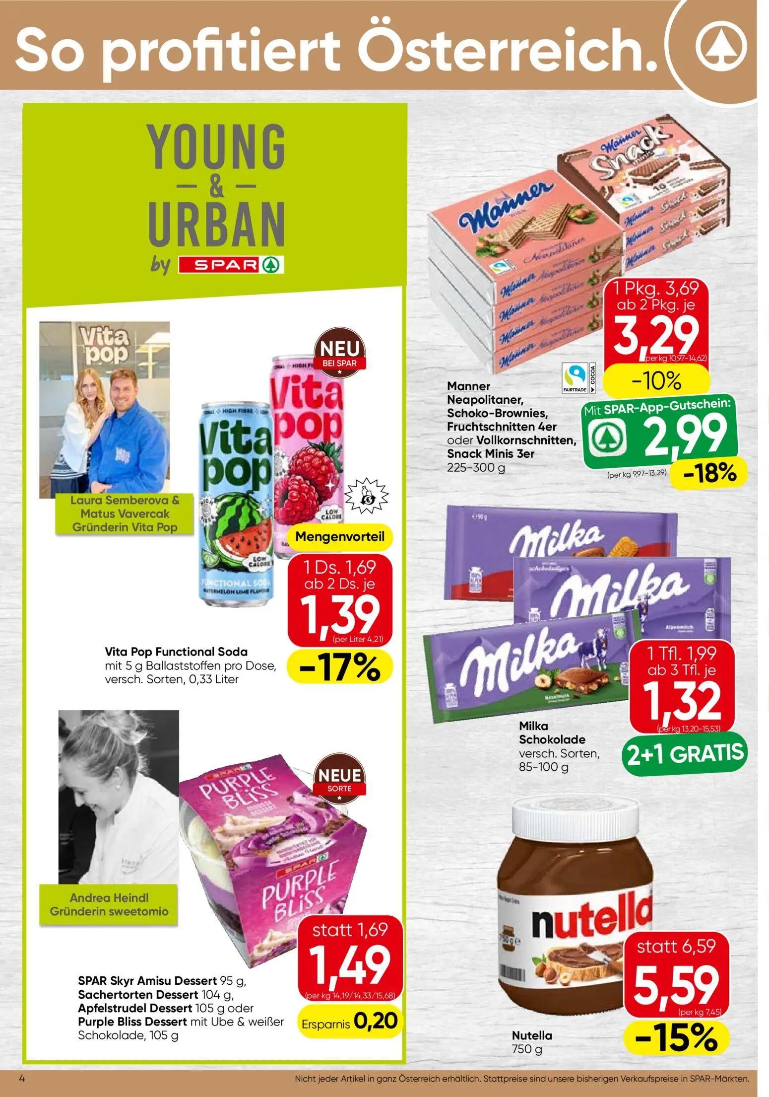 Spar Prospekt, Seite 4 von 16 — Nutella, Manner Neapolitaner, Schoko-Brownies, Fruchtschnitten 4er oder Vollkornschnitten, S…