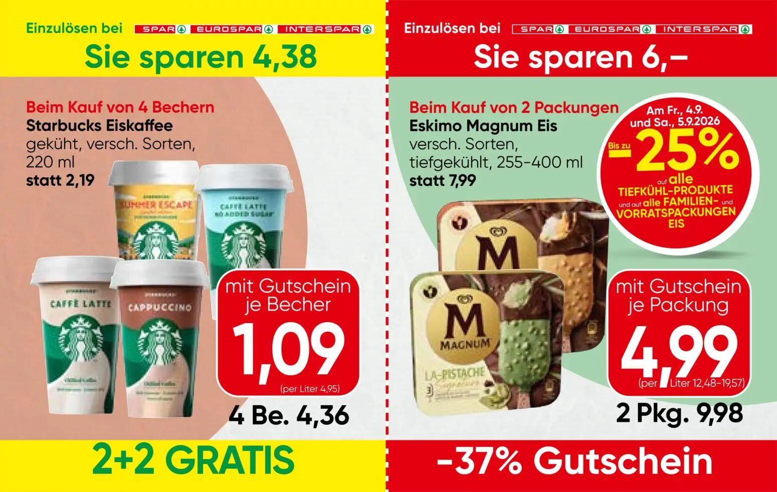 Spar Prospekt, Seite 5 von 13 — Eskimo Magnum Eis versch. Sorten, tiefgekühlt, Starbucks Eiskaffee gekühlt, versch. Sorten