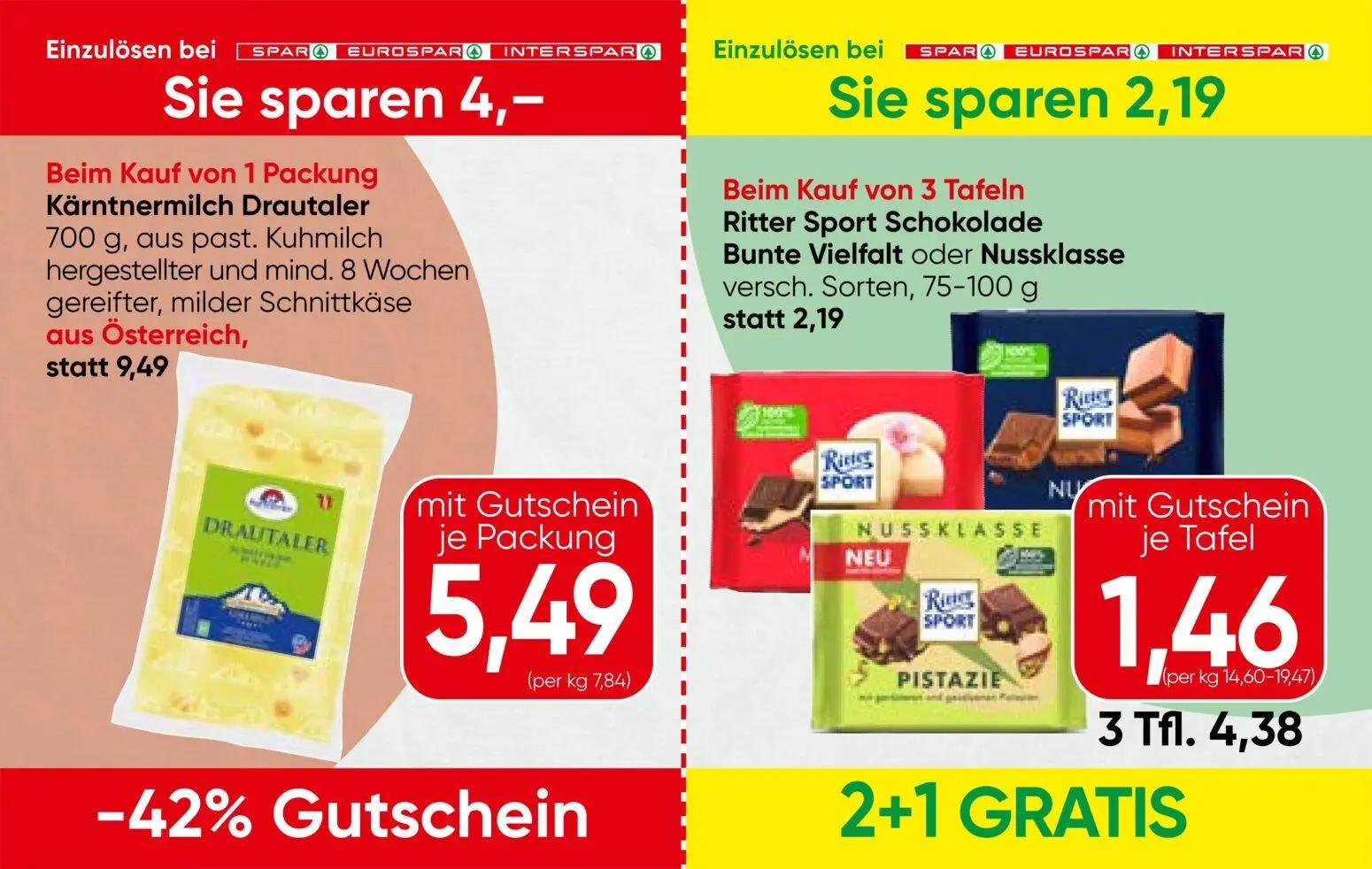 Spar Prospekt, Seite 7 von 13 — Kärntnermilch Drautaler, Ritter Sport Schokolade Bunte Vielfalt oder Nussklasse