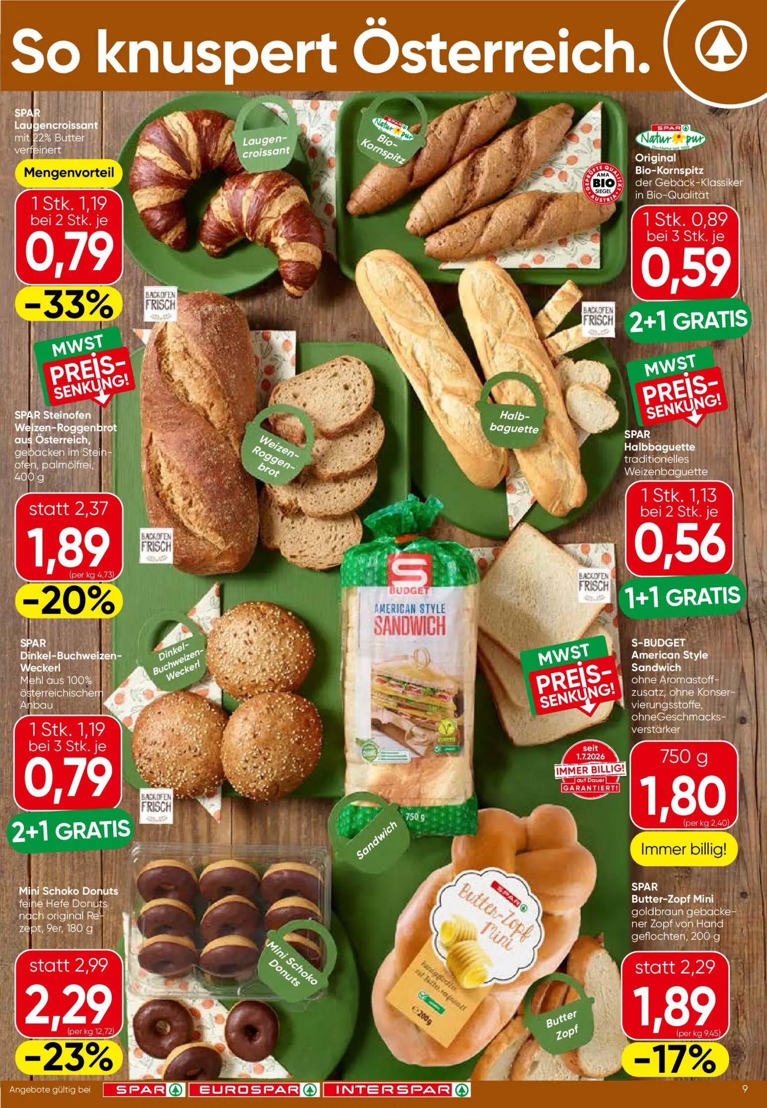 Spar Prospekt, Seite 9 von 16 — SPAR Laugencroissant mit 22% Butter verfeinert, SPAR Natur pur Bio-Kornspitz Original Bio-Ko…