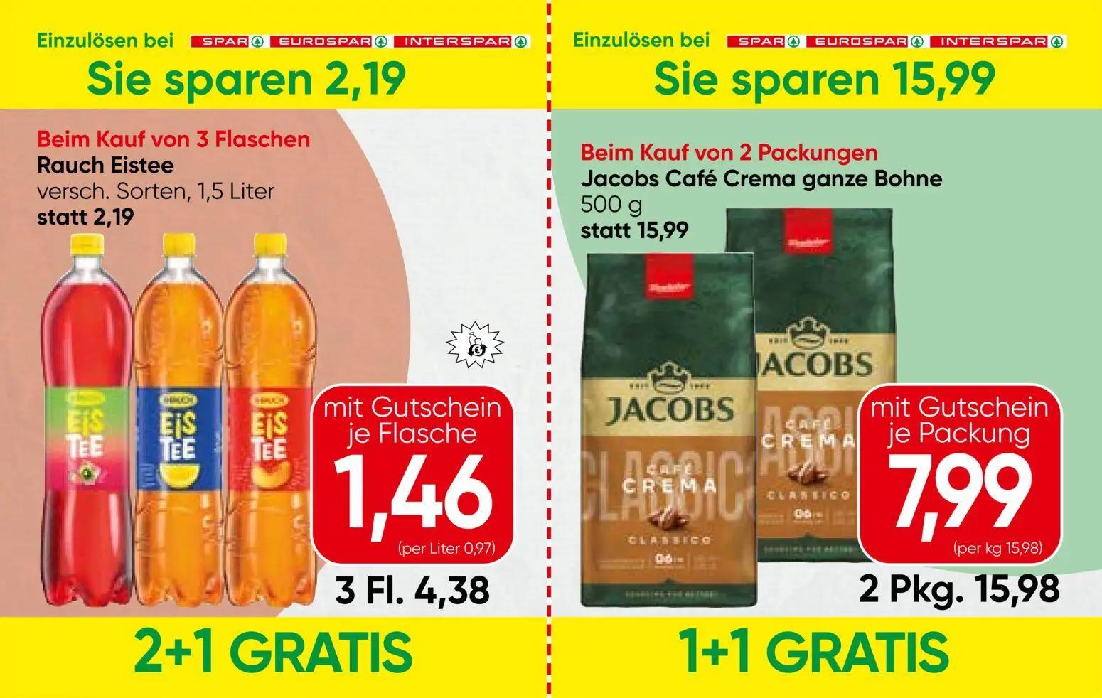 Spar Prospekt, Seite 10 von 13 — Jacobs Café Crema ganze Bohne, Rauch Eistee