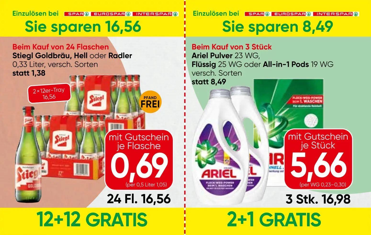 Spar Prospekt, Seite 11 von 13 — Ariel Pulver 23 WG, Flüssig 25 WG oder All-in-1 Pods 19 WG, Stiegl Goldbräu, Hell oder Radl…