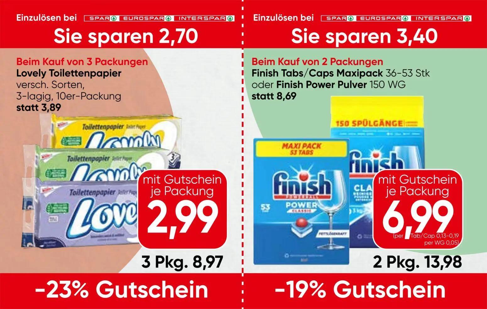 Spar Prospekt, Seite 12 von 13 — Finish Tabs/Caps Maxipack 36-53 Stk oder Finish Power Pulver 150 WG, Lovely Toilettenpapier…