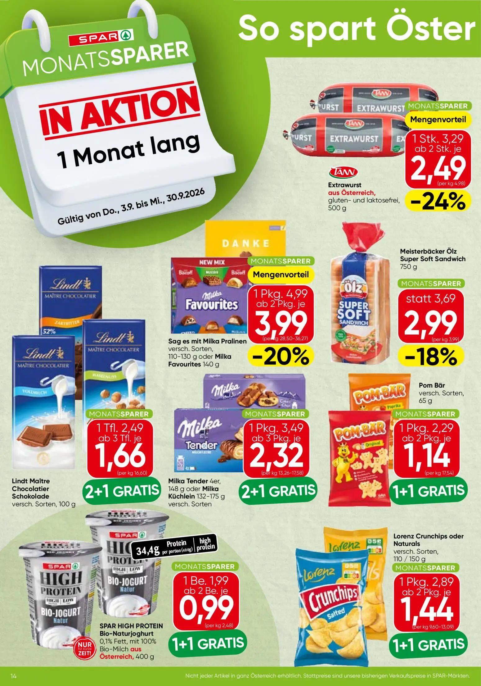 Spar Prospekt, Seite 14 von 16 — Milka Pralinen versch. Sorten, 110-130 g oder Milka Favourites 140 g, SPAR HIGH PROTEIN Bio…