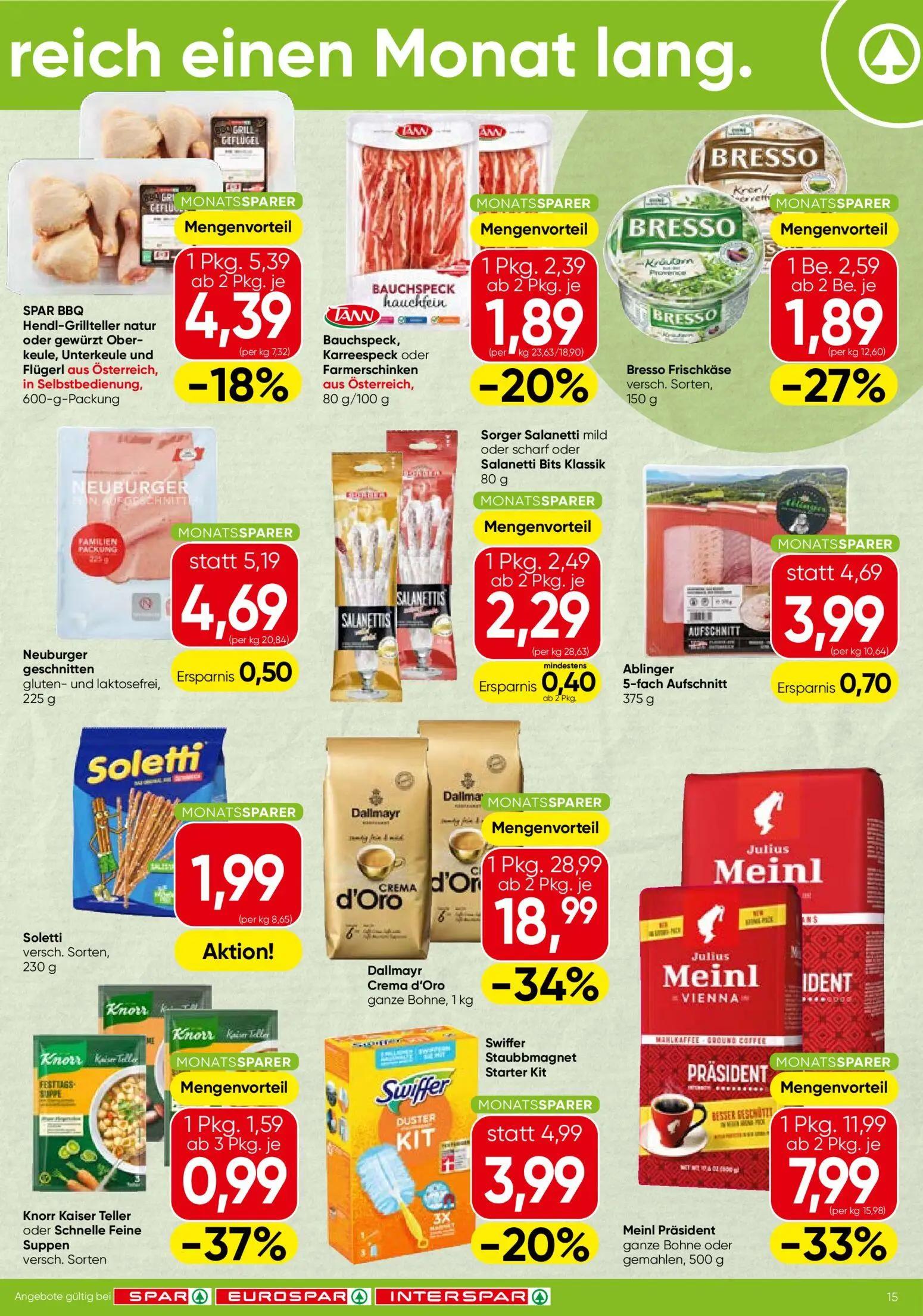 Spar Prospekt, Seite 15 von 16 — Dallmayr Crema d'Oro ganze Bohne, Meinl Präsident ganze Bohne oder gemahlen, SPAR BBQ Hendl…