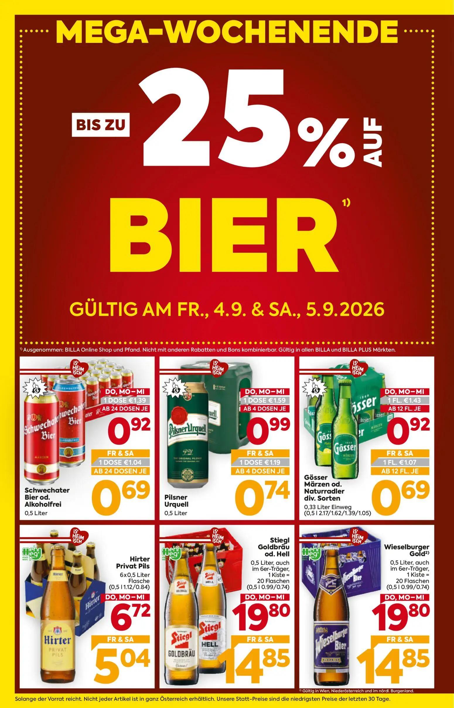Billa Prospekt, Seite 2 von 16 — Stiegl Goldbräu od. Hell, Hirter Privat Pils, Pilsner Urquell
