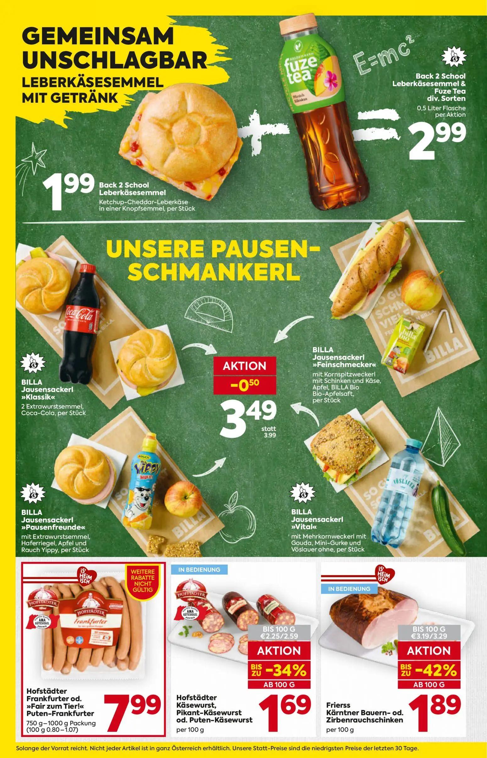 Billa Prospekt, Seite 6 von 16 — Back 2 School Leberkäsesemmel Ketchup-Cheddar-Leberkäse in einer Knopfsemmel, Back 2 School…