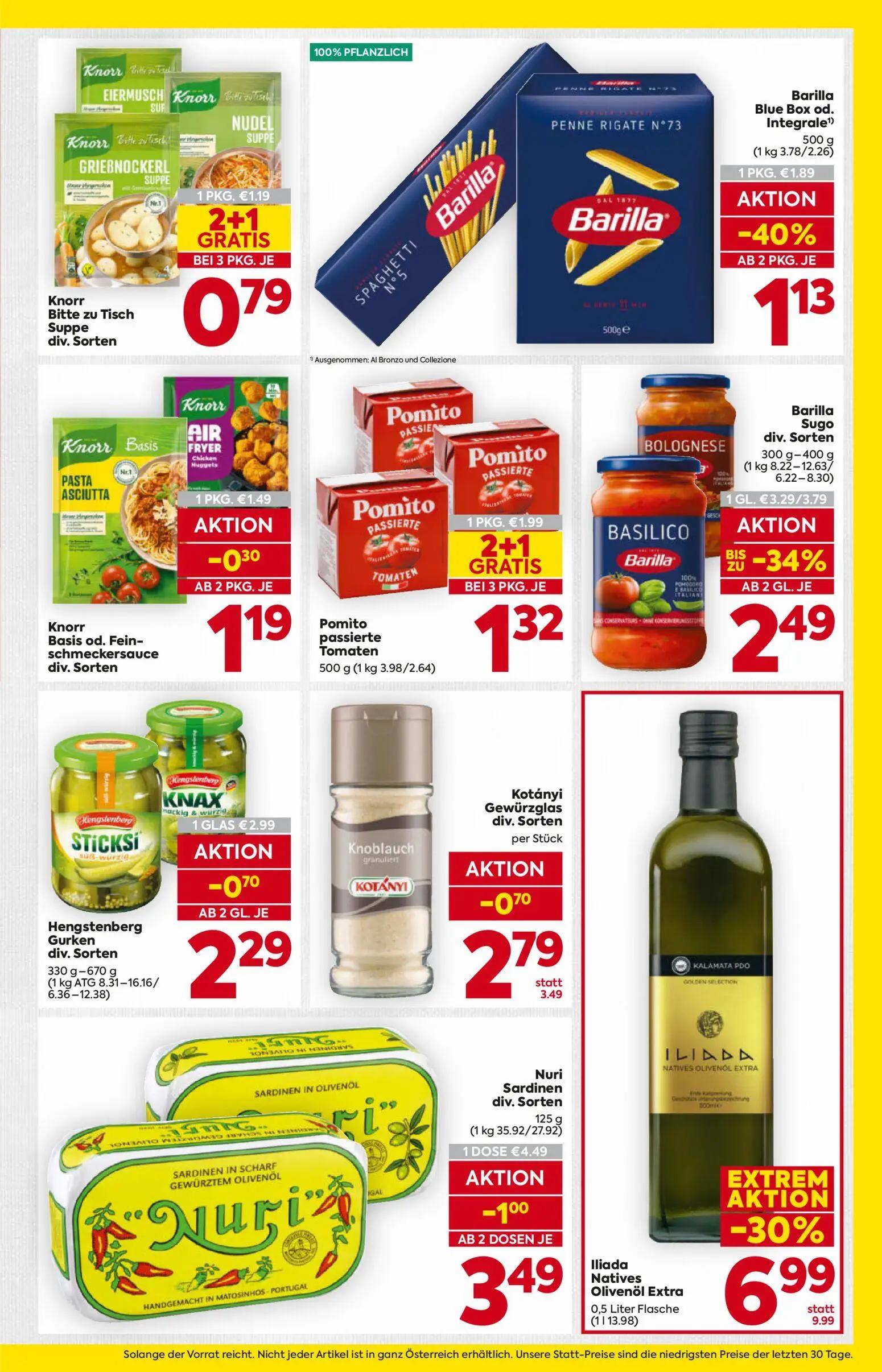 Billa Prospekt, Seite 13 von 16 — Barilla Sugo, Barilla Blue Box od. Integrale, Knorr Basis od. Fein-schmeckersauce