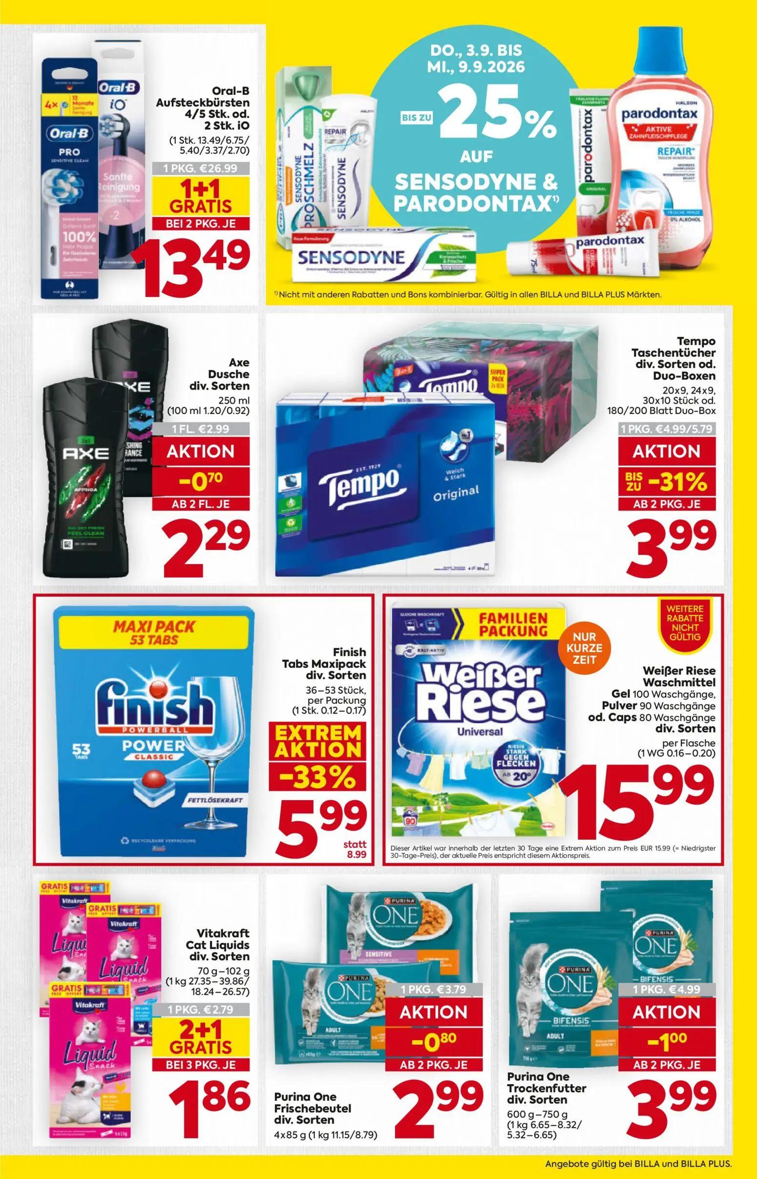 Billa Prospekt, Seite 15 von 16 — Finish Tabs Maxipack div. Sorten, Purina One Trockenfutter div. Sorten, Vitakraft Cat Liqu…