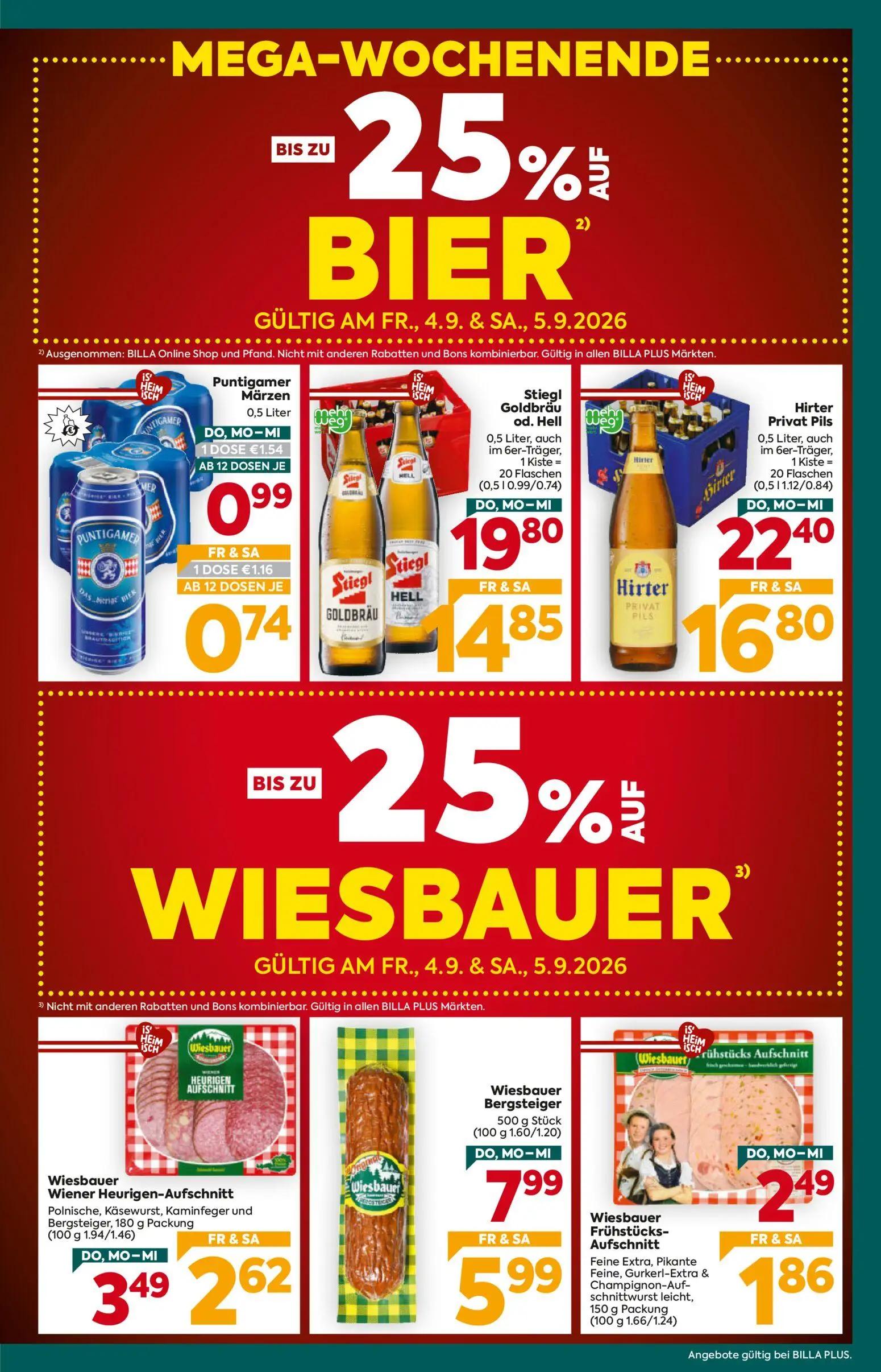Billa Plus Prospekt, Seite 3 von 16 — Hirter Privat Pils, Stiegl Goldbräu od. Hell, Wiesbauer Bergsteiger