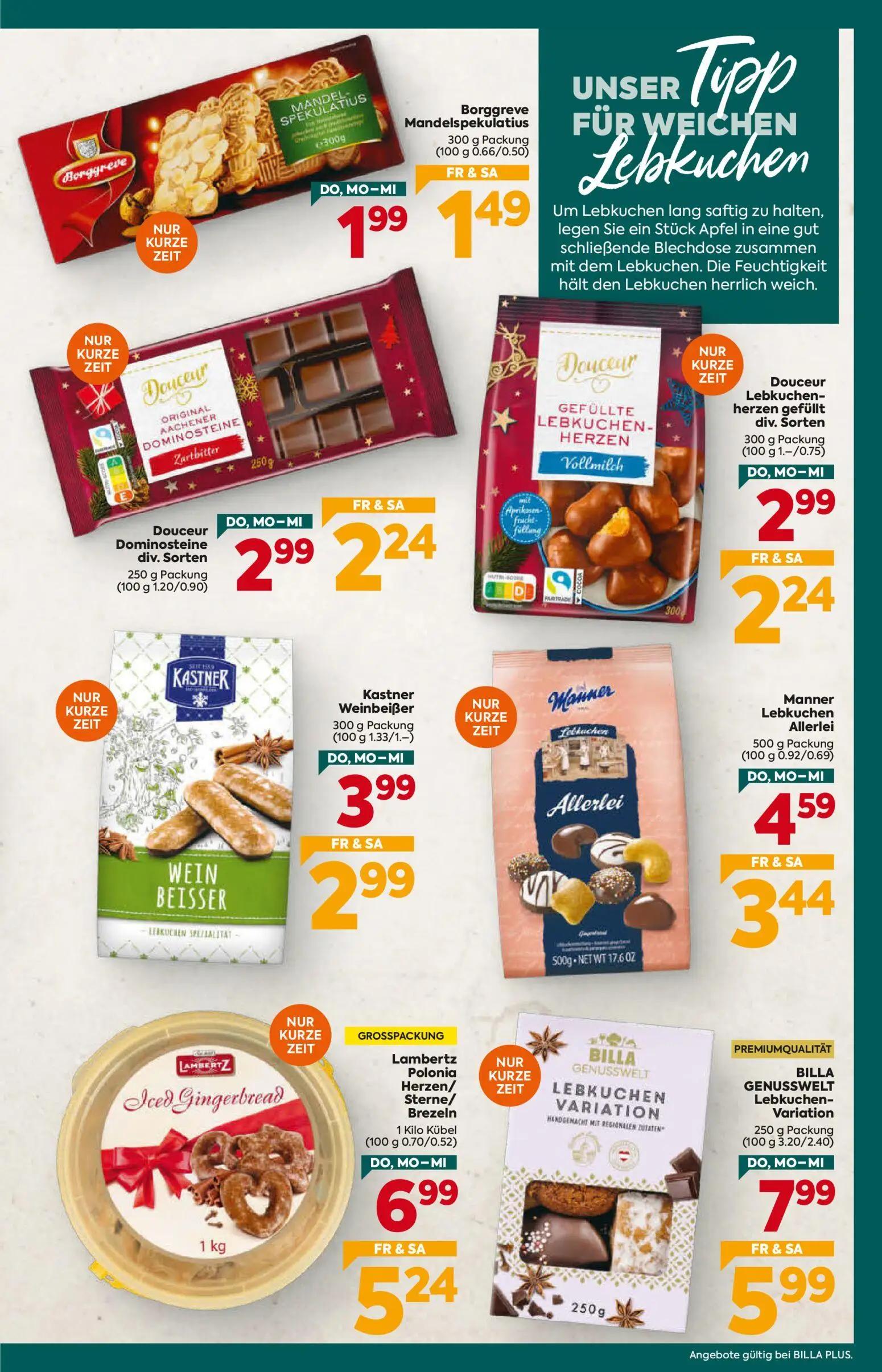 Billa Plus Prospekt, Seite 7 von 16 — BILLA GENUSSWELT Lebkuchen-Variation, Lambertz Polonia Herzen/ Sterne/ Brezeln, Manner…