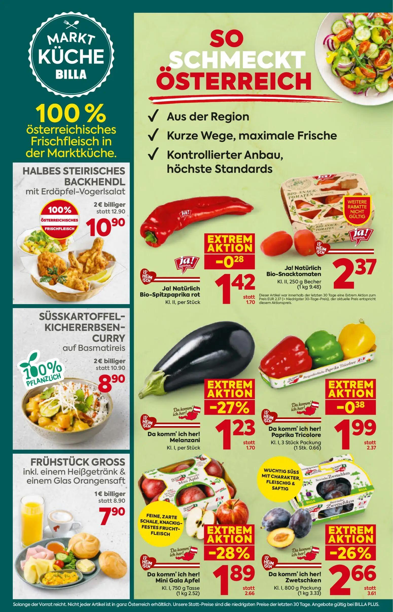 Billa Plus Prospekt, Seite 8 von 16 — HALBES STEIRISCHES BACKHENDL mit Erdäpfel-Vogerlsalat, SÜSSKARTOFFEL-KICHERERBSEN-CURR…