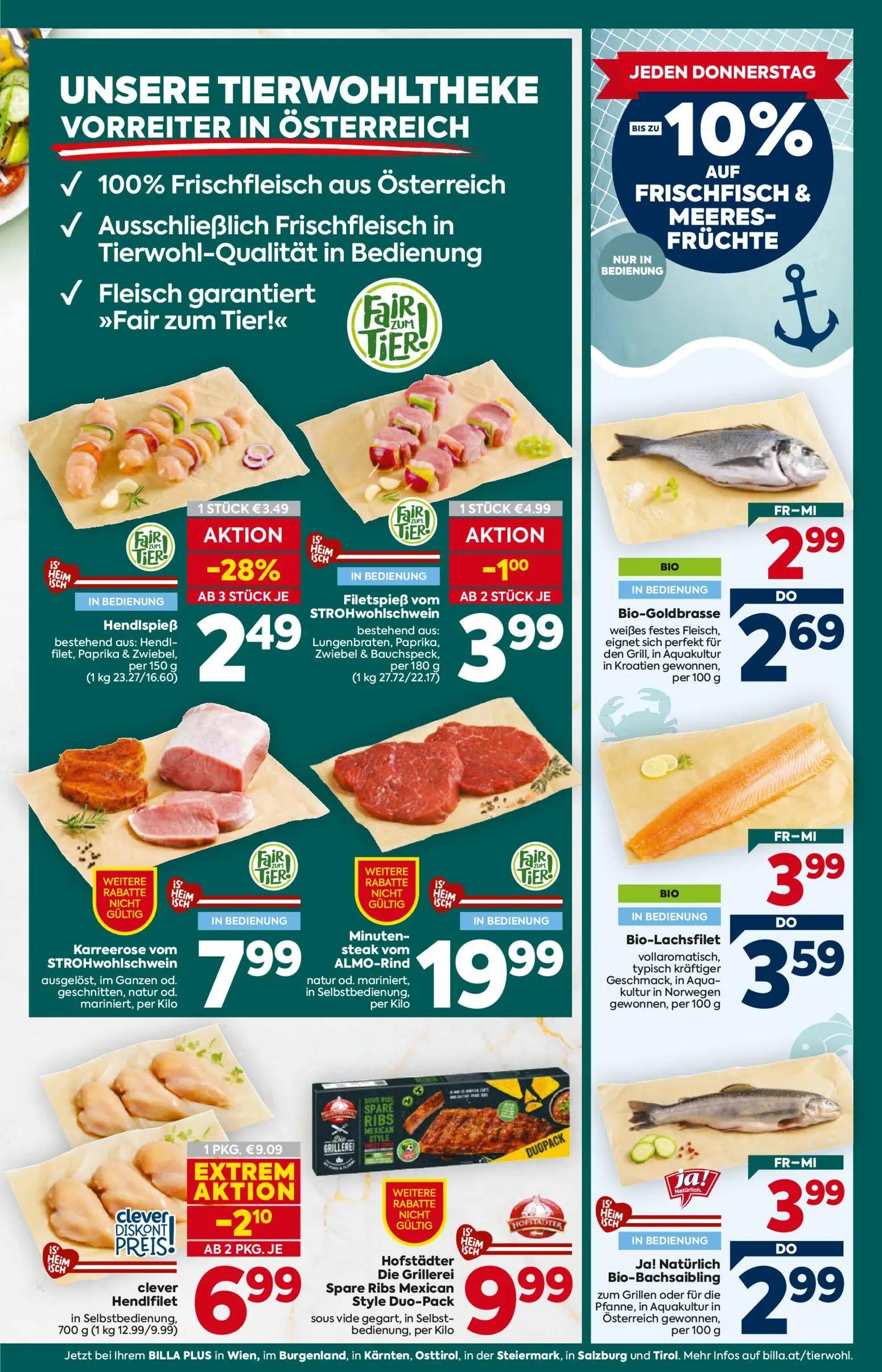 Billa Plus Prospekt, Seite 9 von 16 — clever Hendifilet, Hendlspieß bestehend aus: Hendlfilet, Paprika & Zwiebel, Filetspieß…