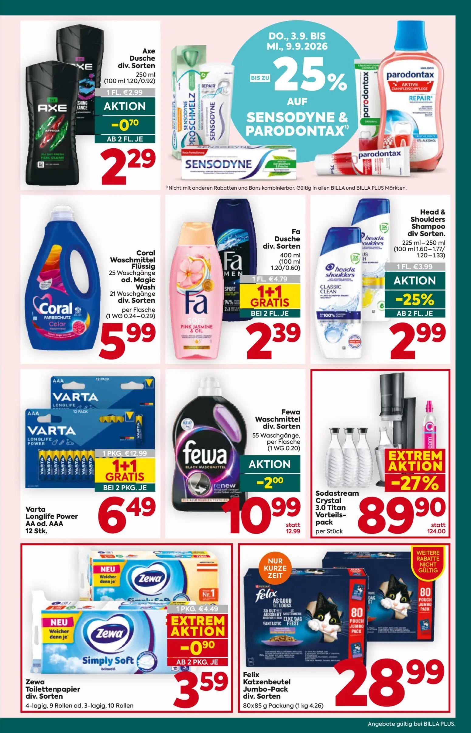 Billa Plus Prospekt, Seite 15 von 16 — Sodastream Crystal 3.0 Titan Vorteilspack, Varta Longlife Power AA od. AAA, Fa Dusche…