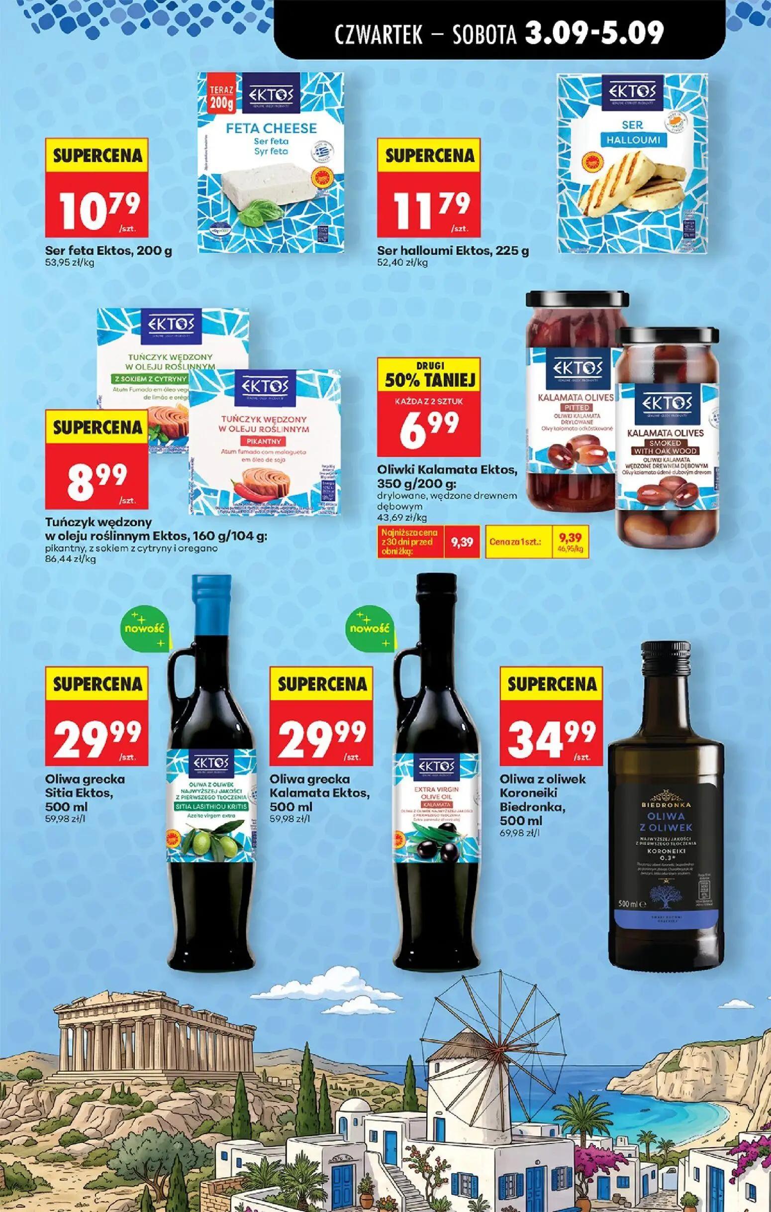 Biedronka gazetka, strona 47 z 75 — Oliwki Kalamata Ektos, drylowane, wędzone drewnem dębowym, Ser feta Ektos, Ser halloumi …