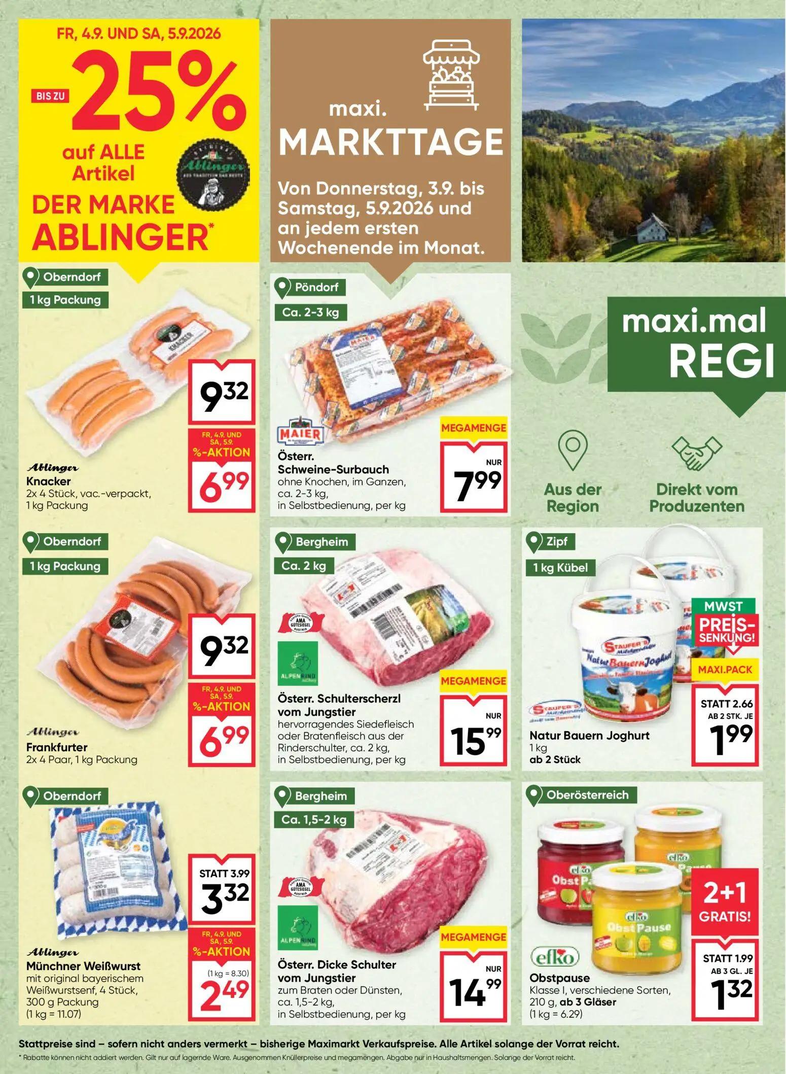 Maximarkt Prospekt, Seite 4 von 24 — Ablinger Knacker 2x 4 Stück, vac.-verpackt, Ablinger Frankfurter 2x 4 Paar, Ablinger Mü…