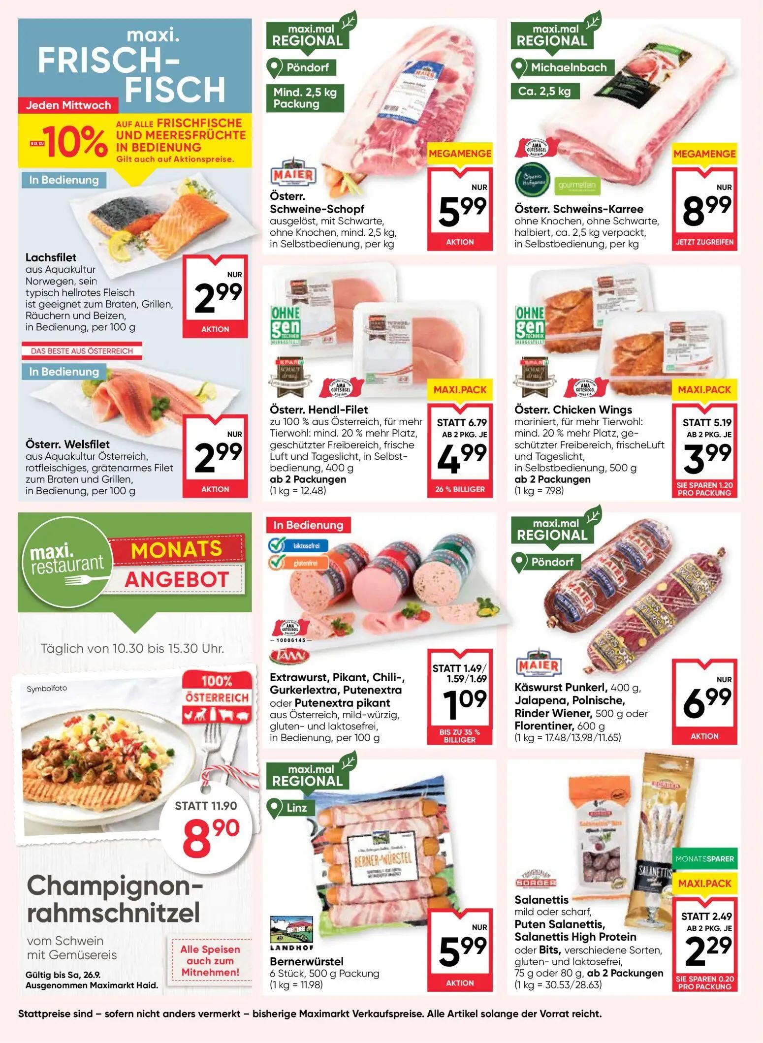 Maximarkt Prospekt, Seite 8 von 24 — Champignon-rahmschnitzel vom Schwein mit Gemüsereis, Österr. Hendl-Filet zu 100% aus Ös…