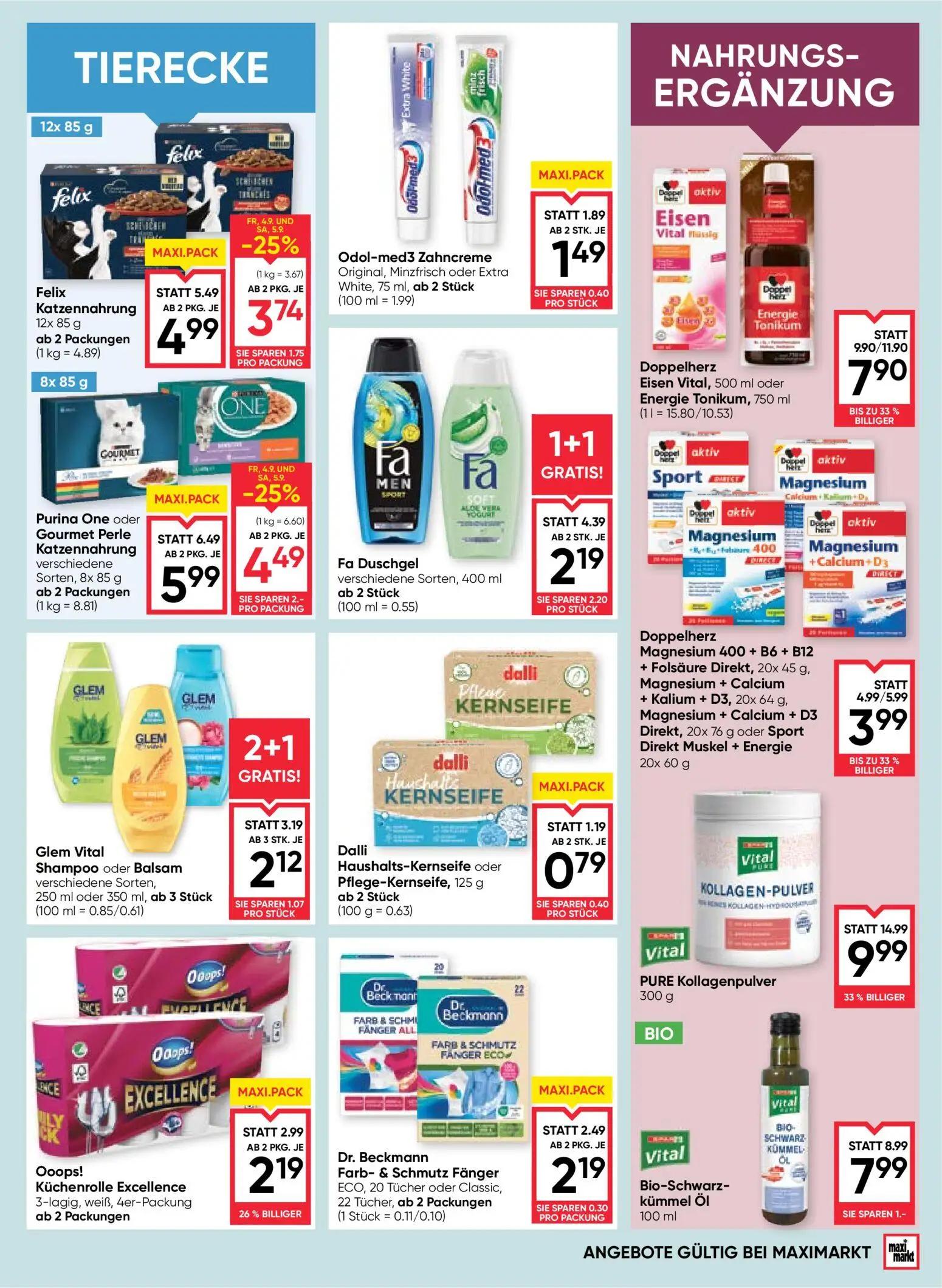 Maximarkt Prospekt, Seite 15 von 24 — PURE Kollagenpulver, Doppelherz Eisen Vital oder Energie Tonikum, Fa Duschgel verschie…