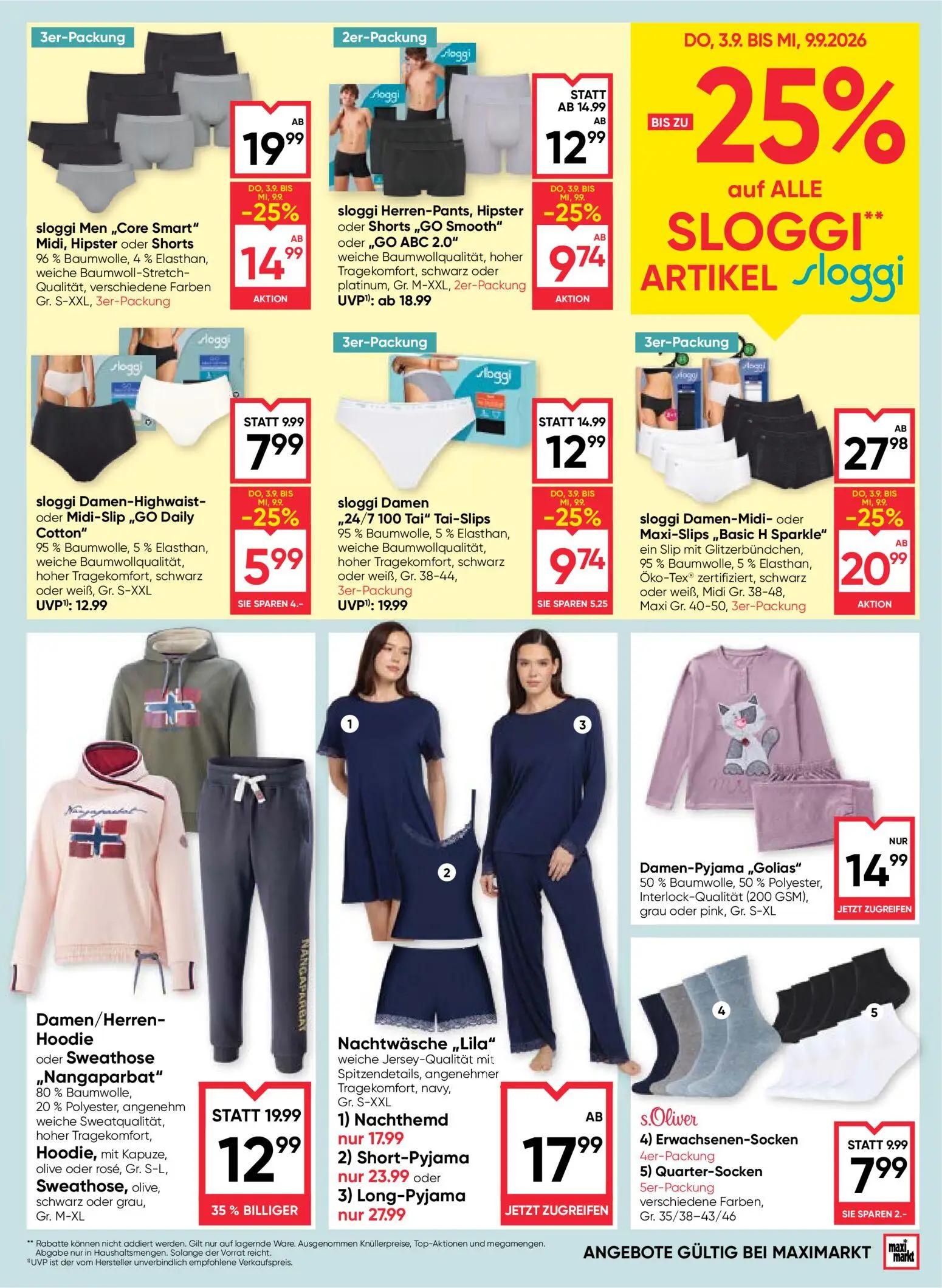 Maximarkt Prospekt, Seite 19 von 24 — Damen/Herren-Hoodie oder Sweathose „Nangaparbat", sloggi Damen-Midi- oder Maxi-Slips „…