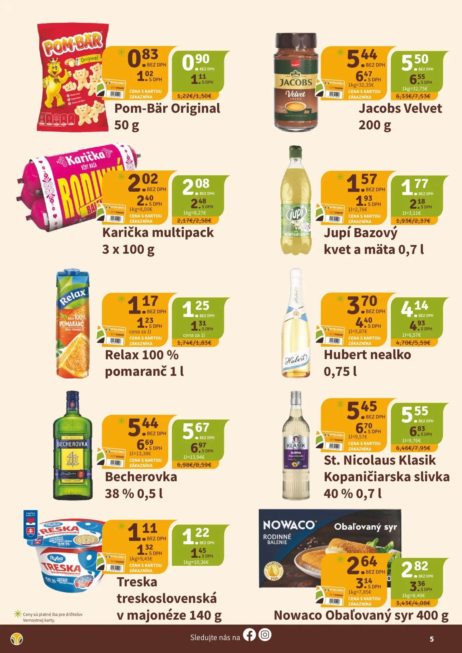 Nitrazdroj leták, strana 5 z 8 — Hubert nealko, Becherovka 38%, Jupí Bazový kvet a mäta