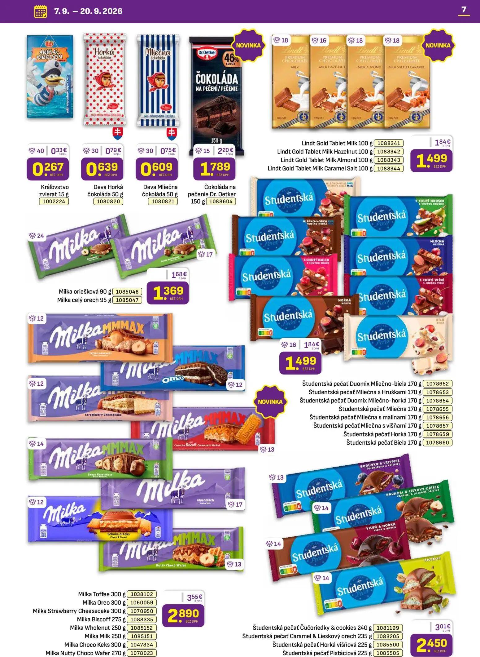 Libex leták, strana 7 z 36 — Milka Toffee, Študentská pečať Čučoriedky & cookies, Čokoláda na pečenie Dr. Oetker