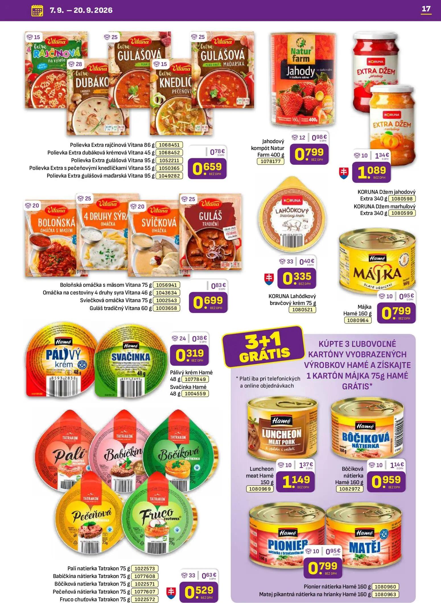 Libex leták, strana 17 z 36 — KORUNA Džem jahodový Extra, Luncheon meat Hamé, Jahodový kompót Natur Farm
