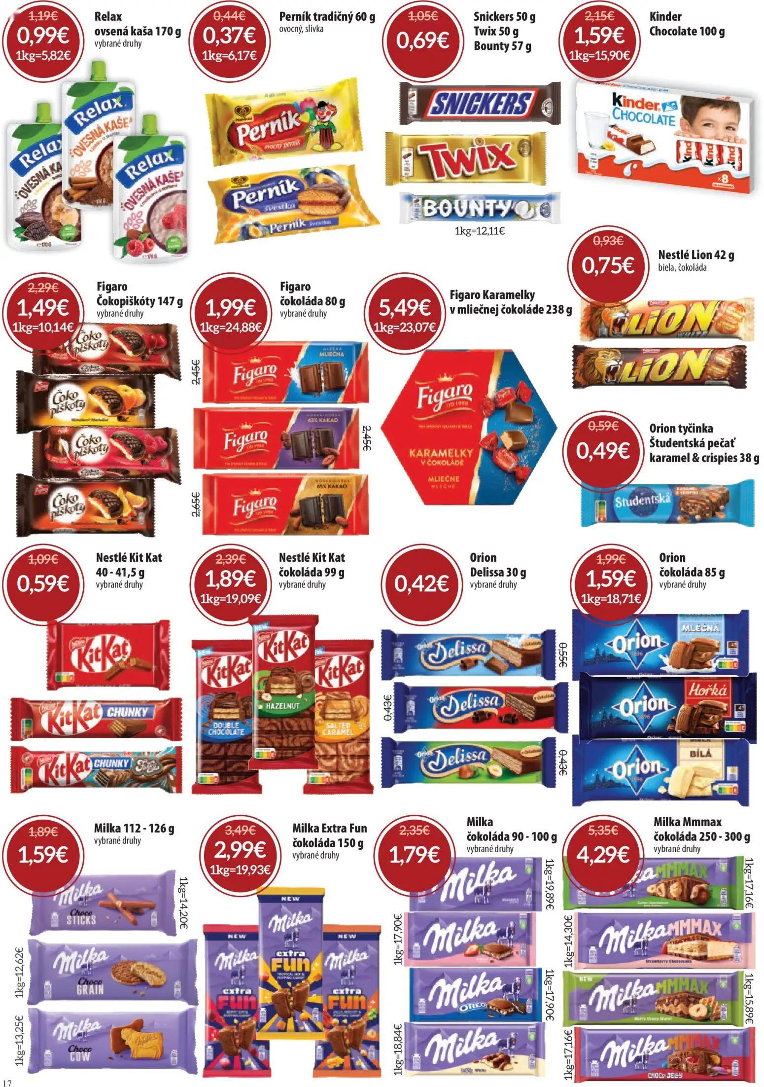Nitrazdroj leták, strana 17 z 24 — Milka Mmmax čokoláda, Figaro Čokopiškóty, Kinder Chocolate