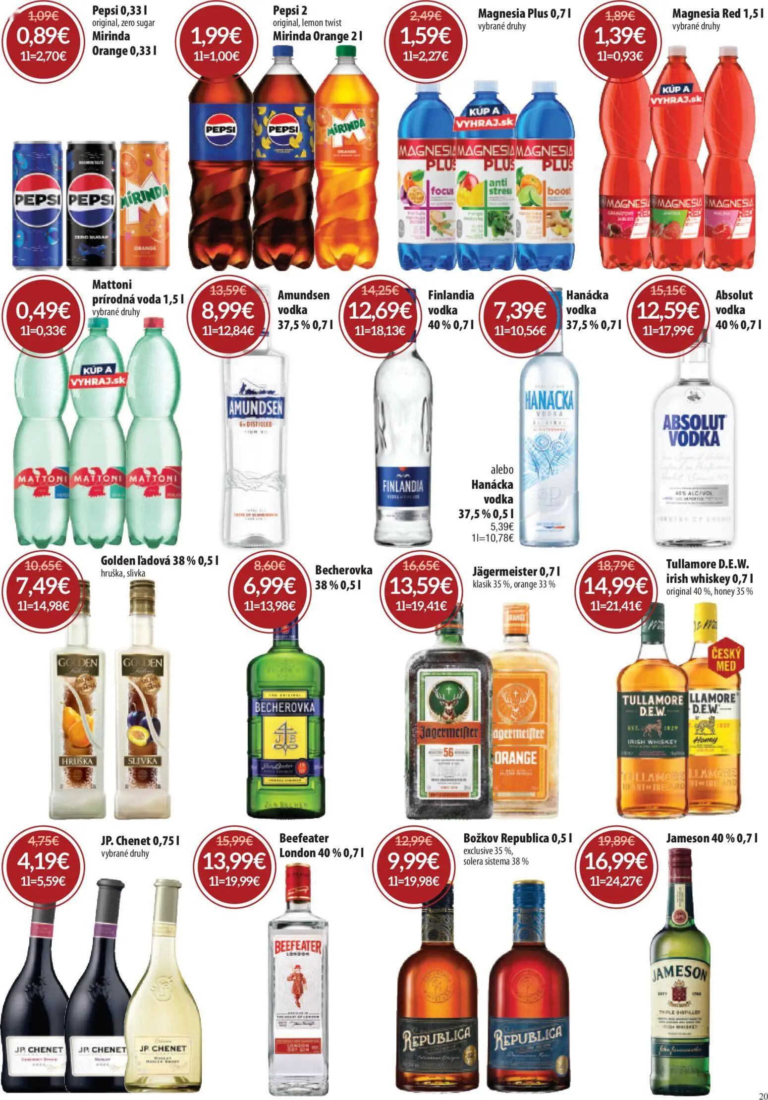 Nitrazdroj leták, strana 20 z 24 — Amundsen vodka, Tullamore D.E.W. irish whiskey original 40%, honey 35%, Golden ľadová hru…