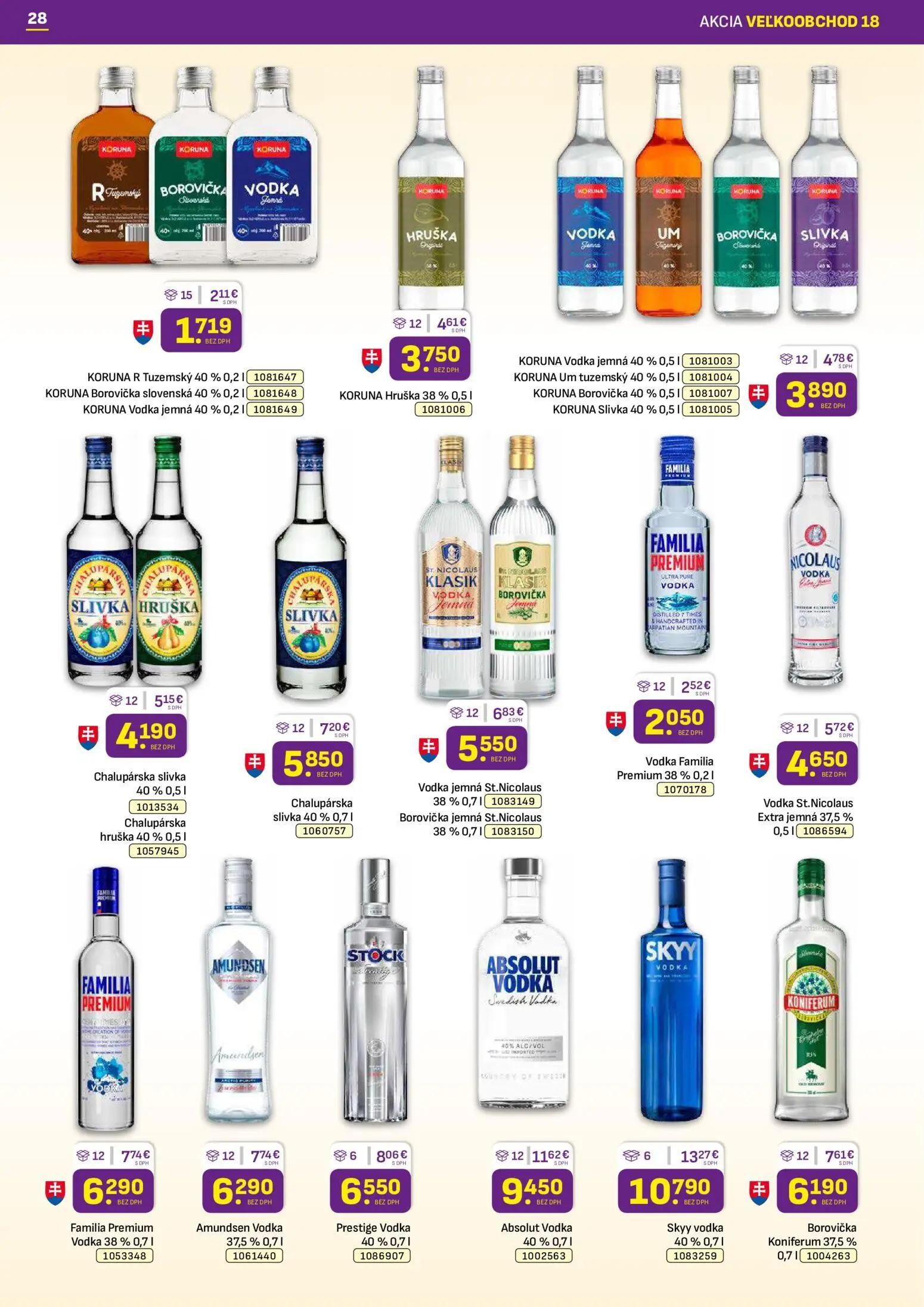 Libex leták, strana 28 z 36 — KORUNA R Tuzemský, KORUNA Borovička slovenská, KORUNA Vodka jemná