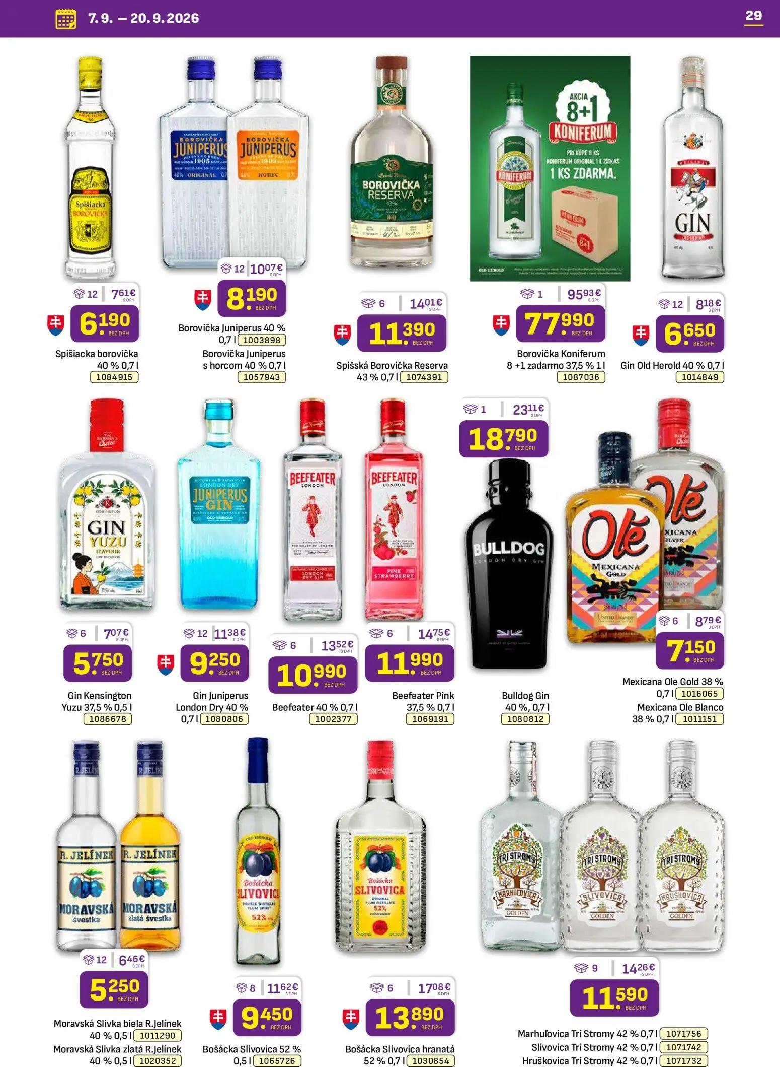 Libex leták, strana 29 z 36 — Borovička Koniferum, Bulldog Gin, Bošácka Slivovica hranatá