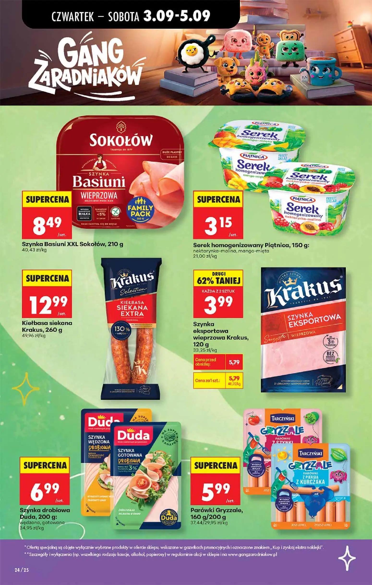 Biedronka gazetka, strona 3 z 5 — Szynka eksportowa wieprzowa Krakus, Szynka Basiuni XXL Sokołów, Kiełbasa siekana Krakus