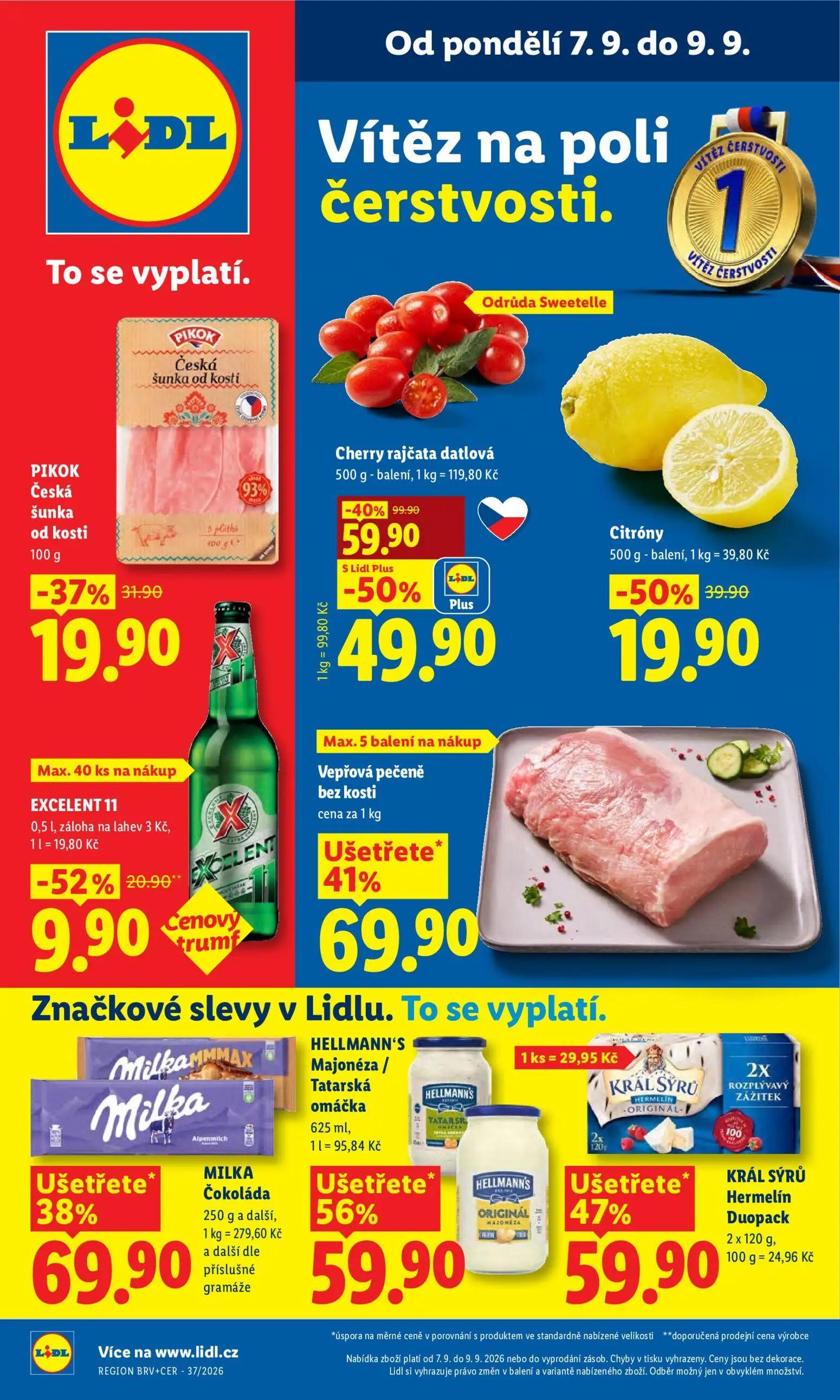 Lidl leták, strana 3 z 49 — HELLMANN'S Majonéza / Tatarská omáčka, KRÁL SÝRŮ Hermelín Duopack, Cherry rajčata datlová