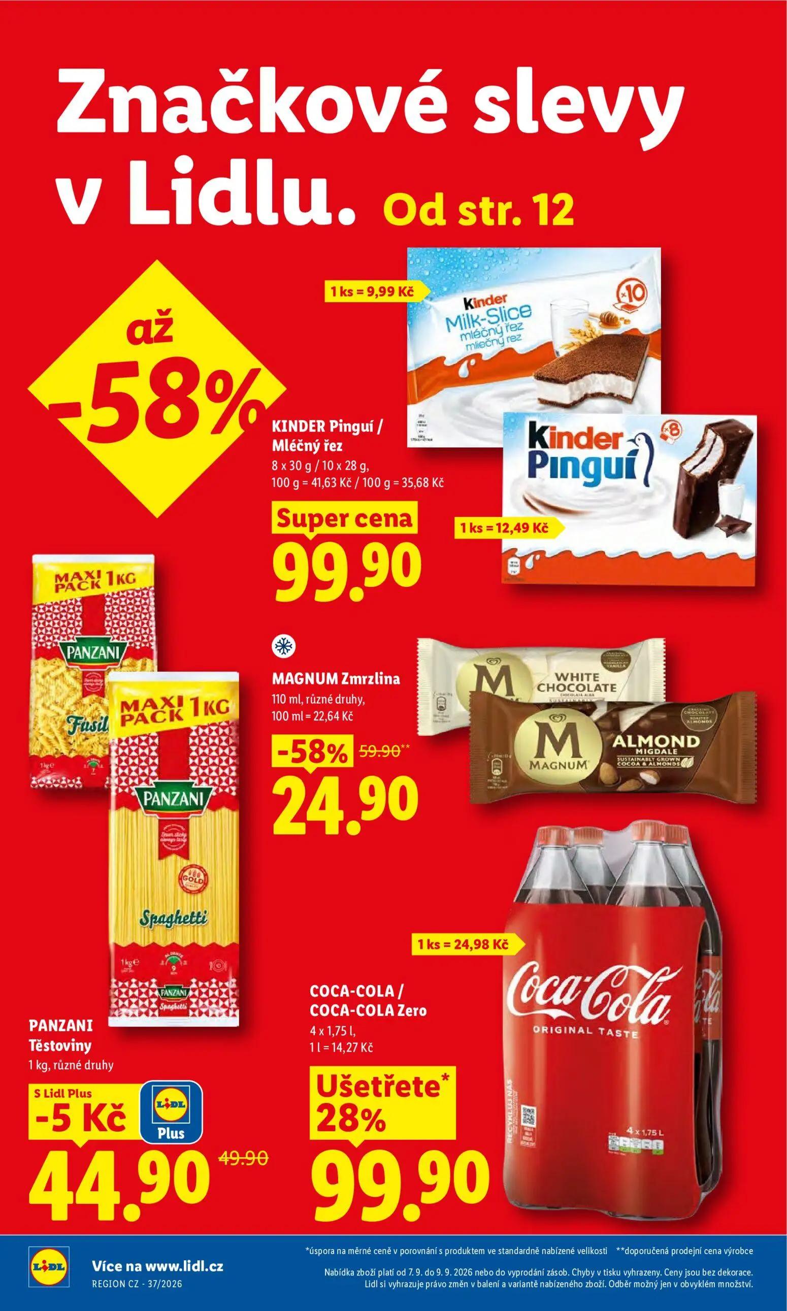 Lidl leták, strana 4 z 49 — COCA-COLA / COCA-COLA Zero, MAGNUM Zmrzlina, KINDER Pinguí / Mléčný řez