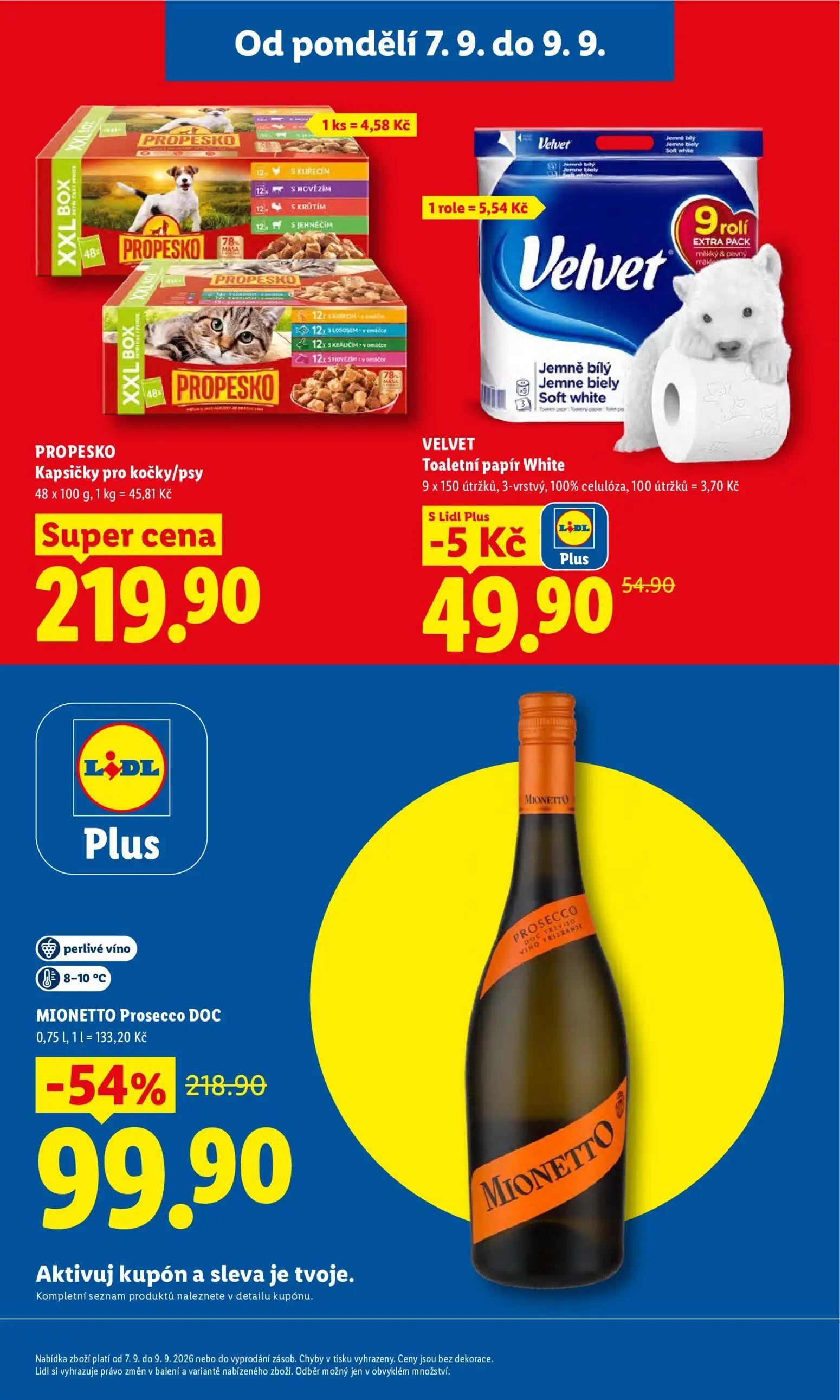 Lidl leták, strana 5 z 49 — MIONETTO Prosecco DOC, VELVET Toaletní papír White, PROPESKO Kapsičky pro kočky/psy
